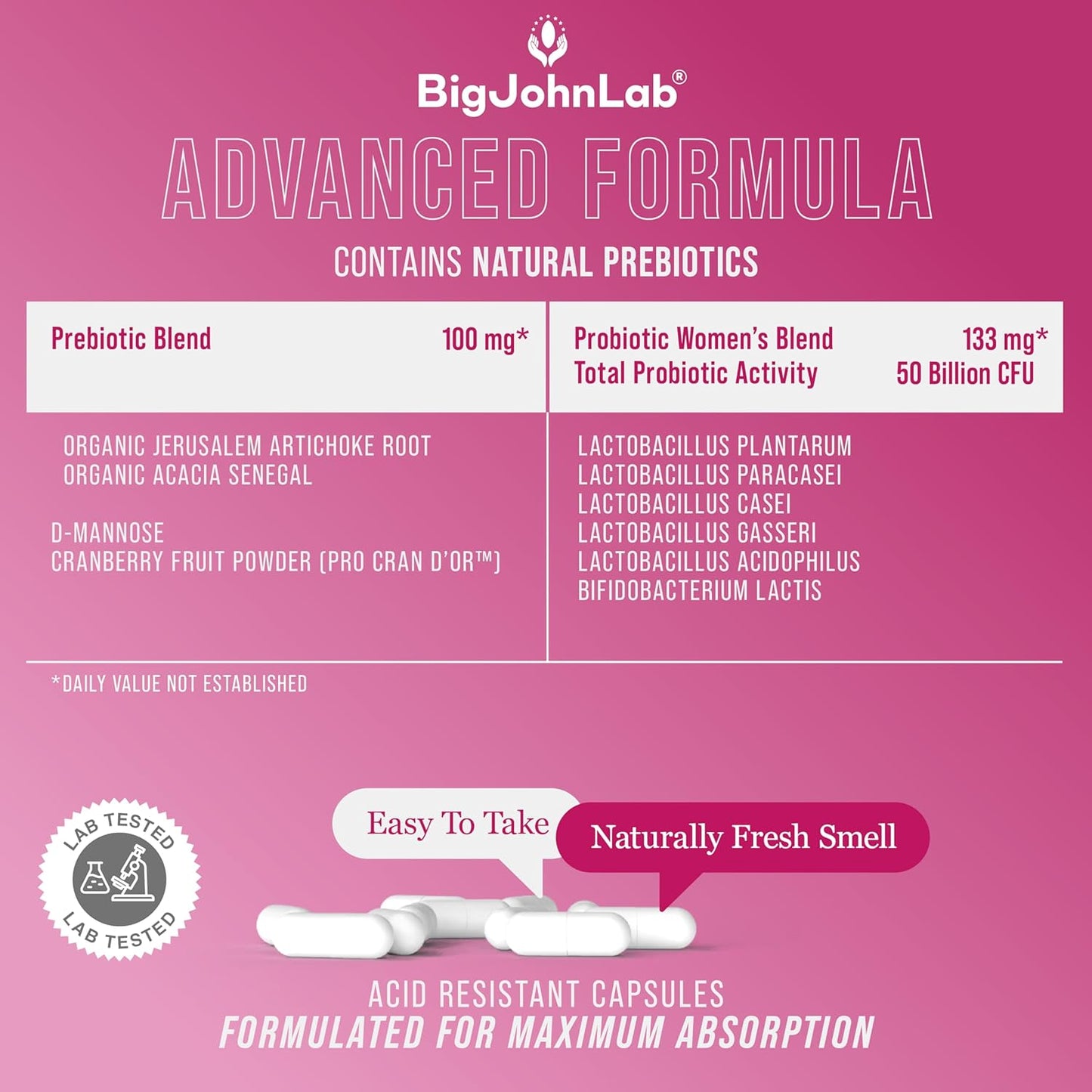 BIGJOHNLAB® - Women's Probiotic Supplement – 50 Billion CFU, 6 Active Strains + Prebiotics – Supports Digestion, Immunity & Wellness – Acid-Resistant, Dairy & Sugar Free, No Refrigeration, 30 Capsules