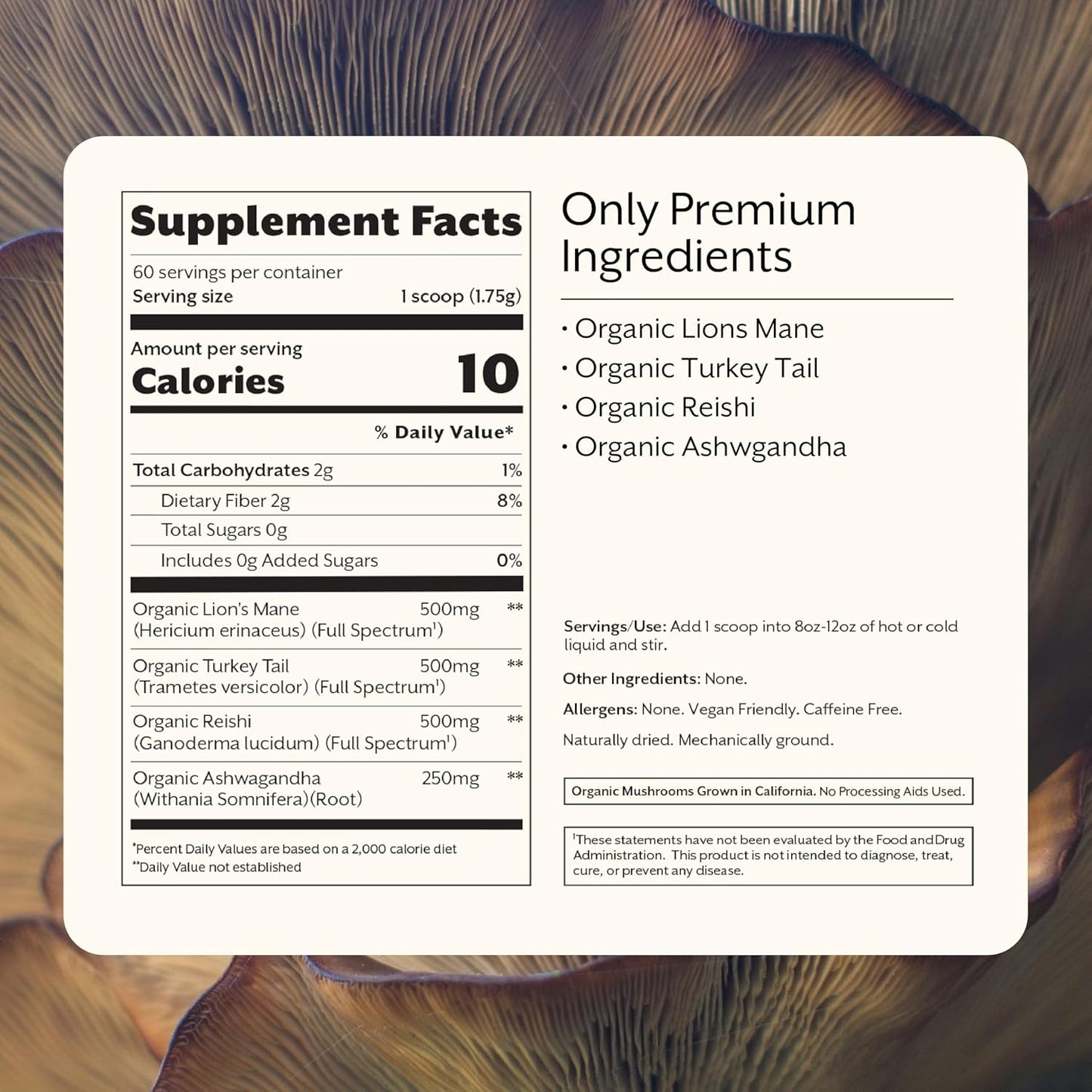 Promix Adaptogens Mushroom Coffee Supplement Powder - with Organic Ashwagandha, Lion’s Mane, Turkey Tail & Reishi - 60 Servings