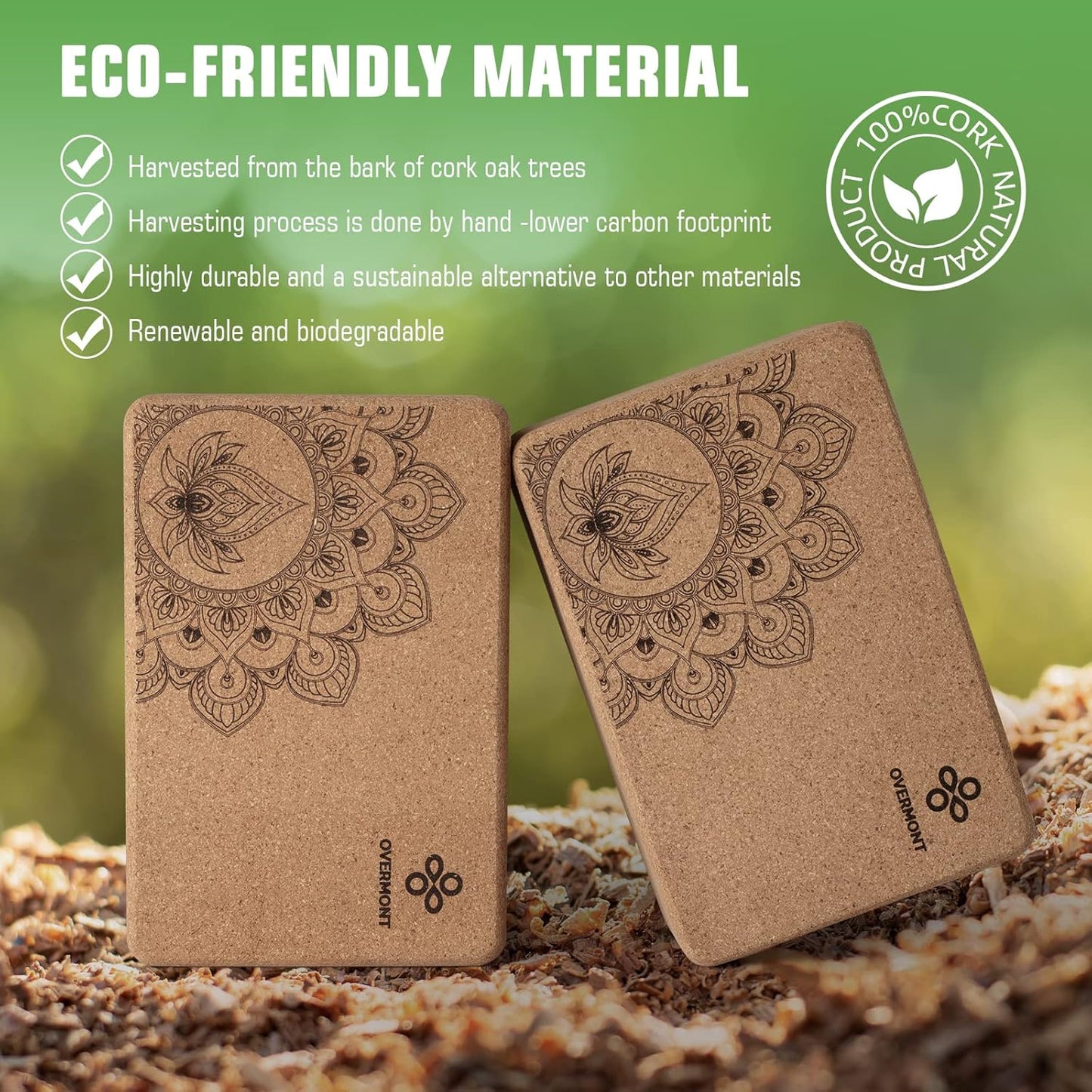 Overmont Cork Yoga Blocks 2 pack with 8ft Strap Natural Cork Bricks- High Density & Eco Friendly Yoga Accessories for Women - Ideal for Yoga Pilates General Fitness and Stretching 9x6x3''