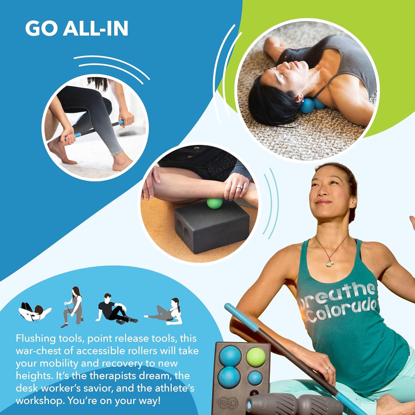 RAD All-in Kit – 7-in-1 Foam Roller Set for Myofascial Release – Includes Massage Roller Stick, Yoga Block, Massage Balls - Muscle Recovery Tools for Mobility & Flexibility