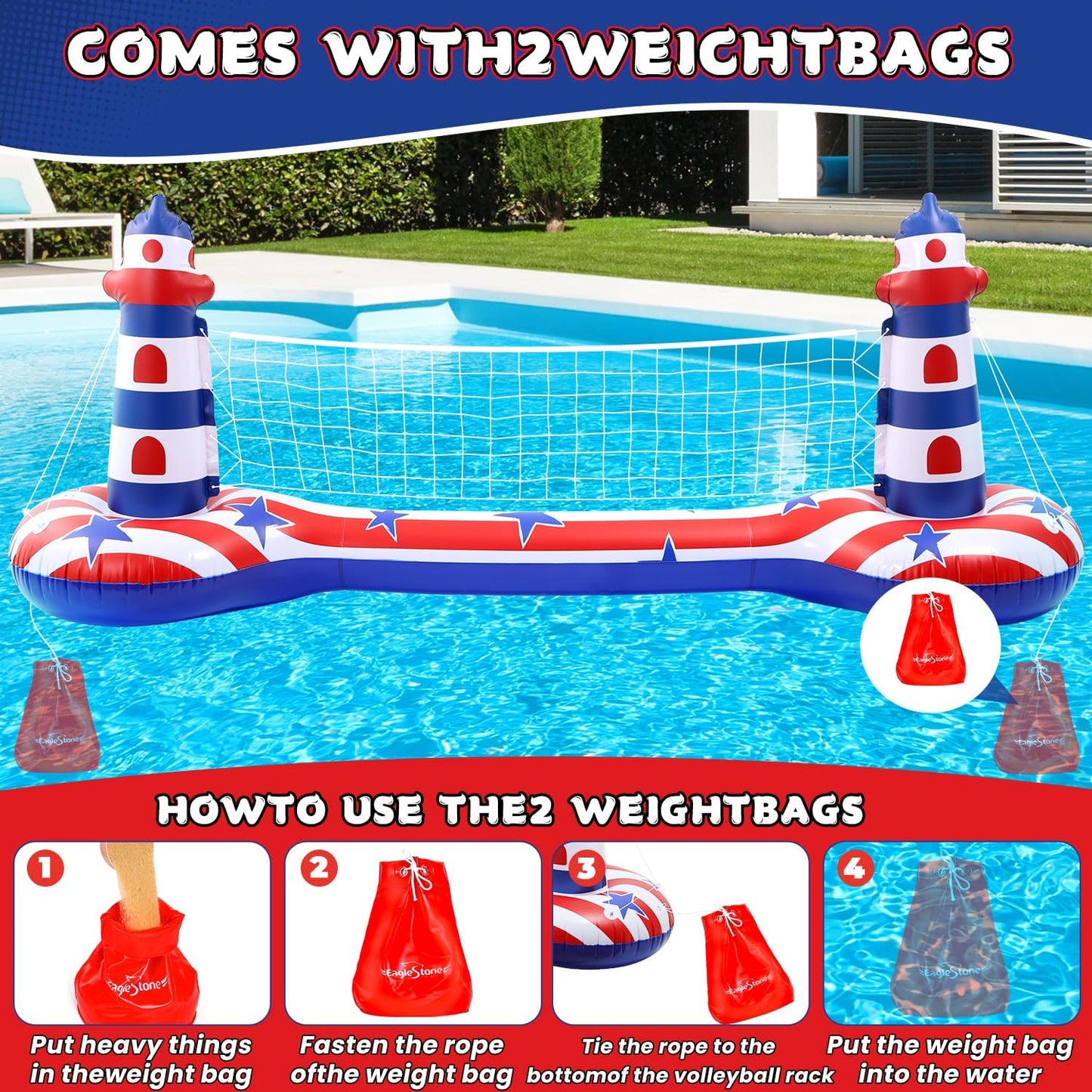 EagleStone Inflatable Pool Float Set with Volleyball Net & Basketball Hoop,2-in-1 Floating Water Games for Kids Adults, Backyard Beach Summer Toys, Heavy-Duty PVC Family Pool Party Essentials