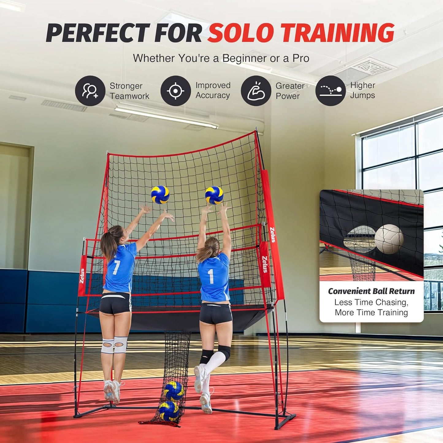 ZELUS Volleyball Training Equipment, 11x8 ft Volleyball Practice Net Station with Adjustable Height & Ball Return