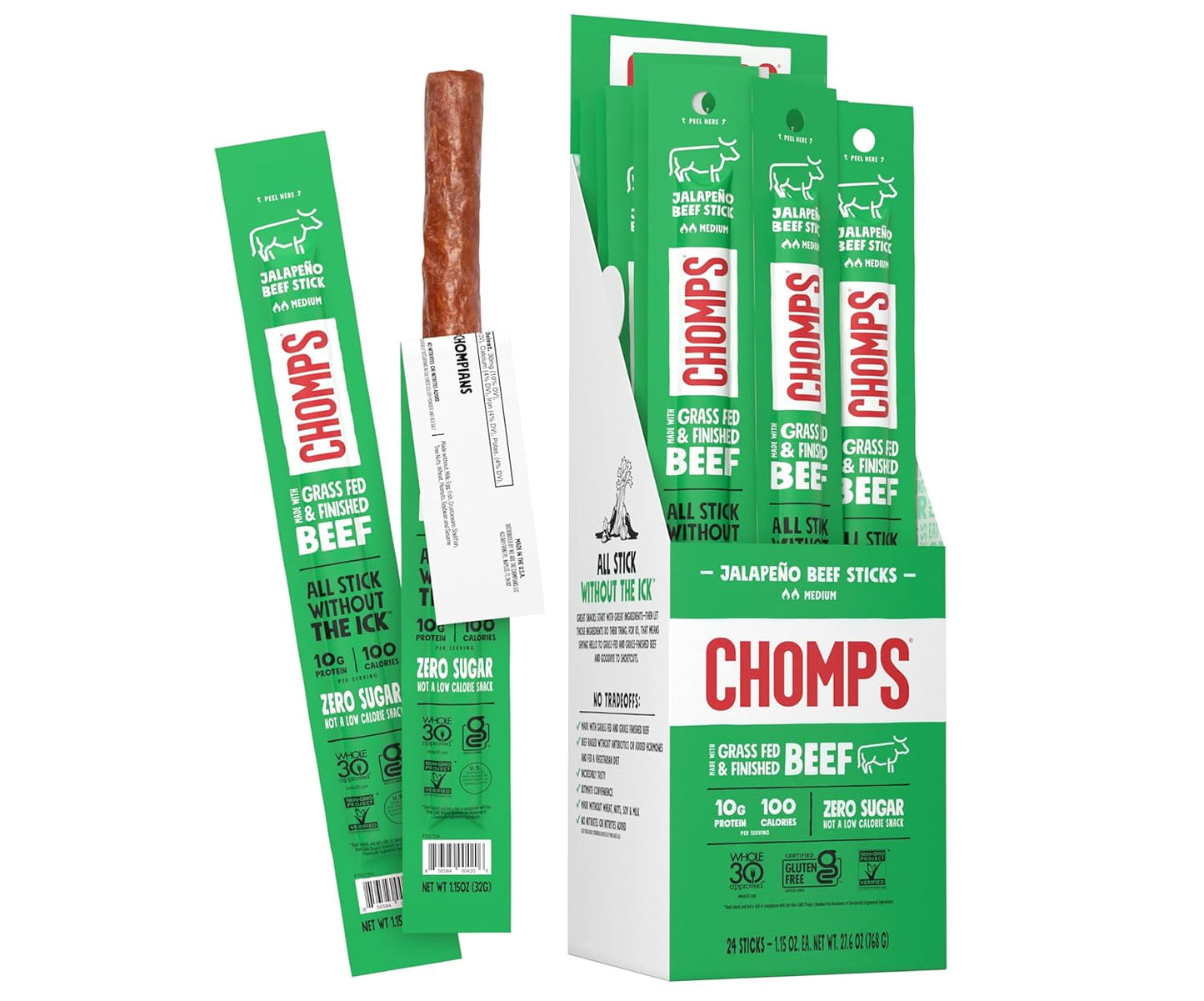 Chomps Grass-Fed and Finished Jalapeño Beef Jerky Snack Sticks 24-Pack - Keto, Paleo, Whole30, 10g Lean Meat Protein, Gluten-Free, Zero Sugar Food, Non-GMO