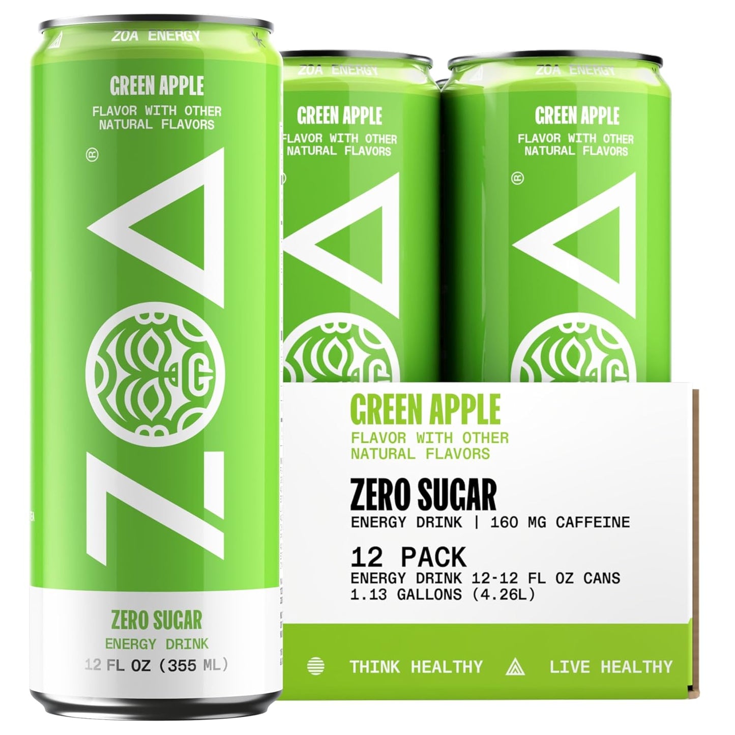 ZOA Zero Sugar Energy Drinks, Green Apple - Sugar Free with Electrolytes, Healthy Vitamin C, Amino Acids, Essential B-Vitamins, and Caffeine from Green Tea - 12 Fl Oz (12-Pack)