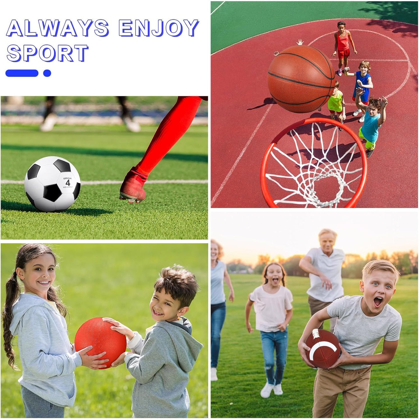 Deekin 4 Pcs Sport Balls Set for Kids Teens, Include Official Size 5 Basketball 4 Soccer 6 Football Playground Ball and Pump Sports Equipment Bag Recess Equipment Sport for Students(Normal Color)