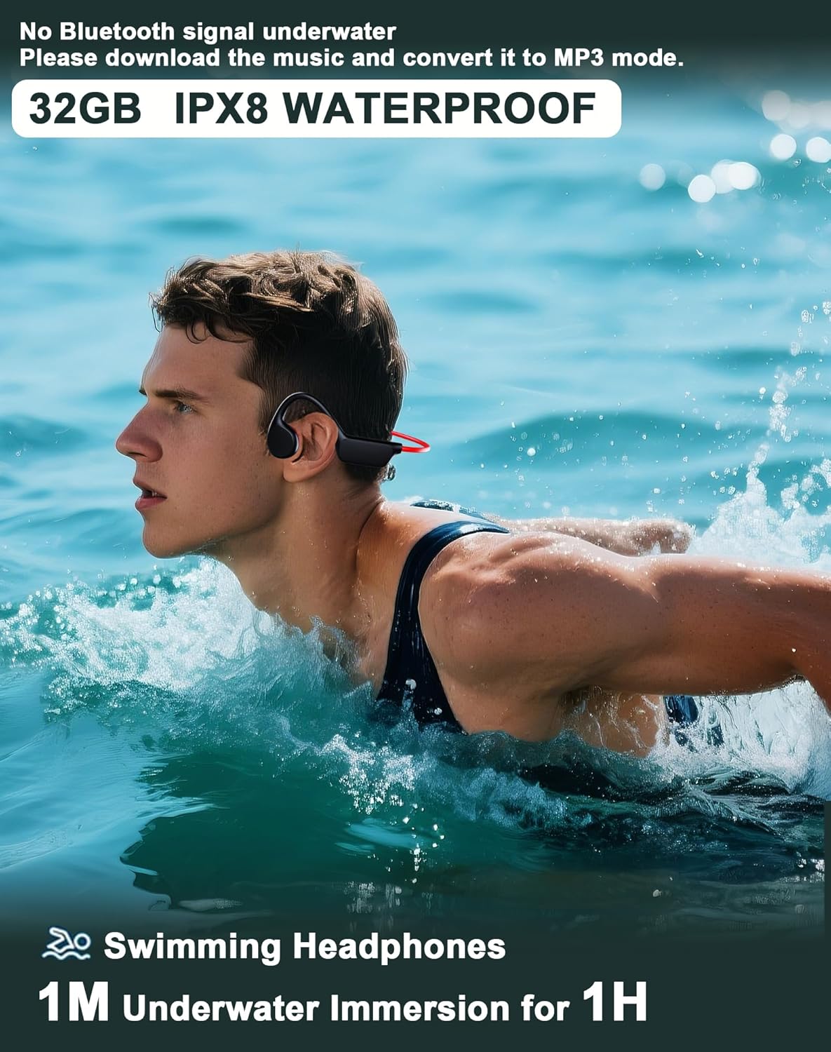 Swimming Waterproof Bone Conduction Headphones Bluetooth 5.3 lPX8 Underwater Waterproof Headphones for Swimming with 32GB MP3 Player Built in Earbuds for Sport Running Cycling Gym (Redblack)