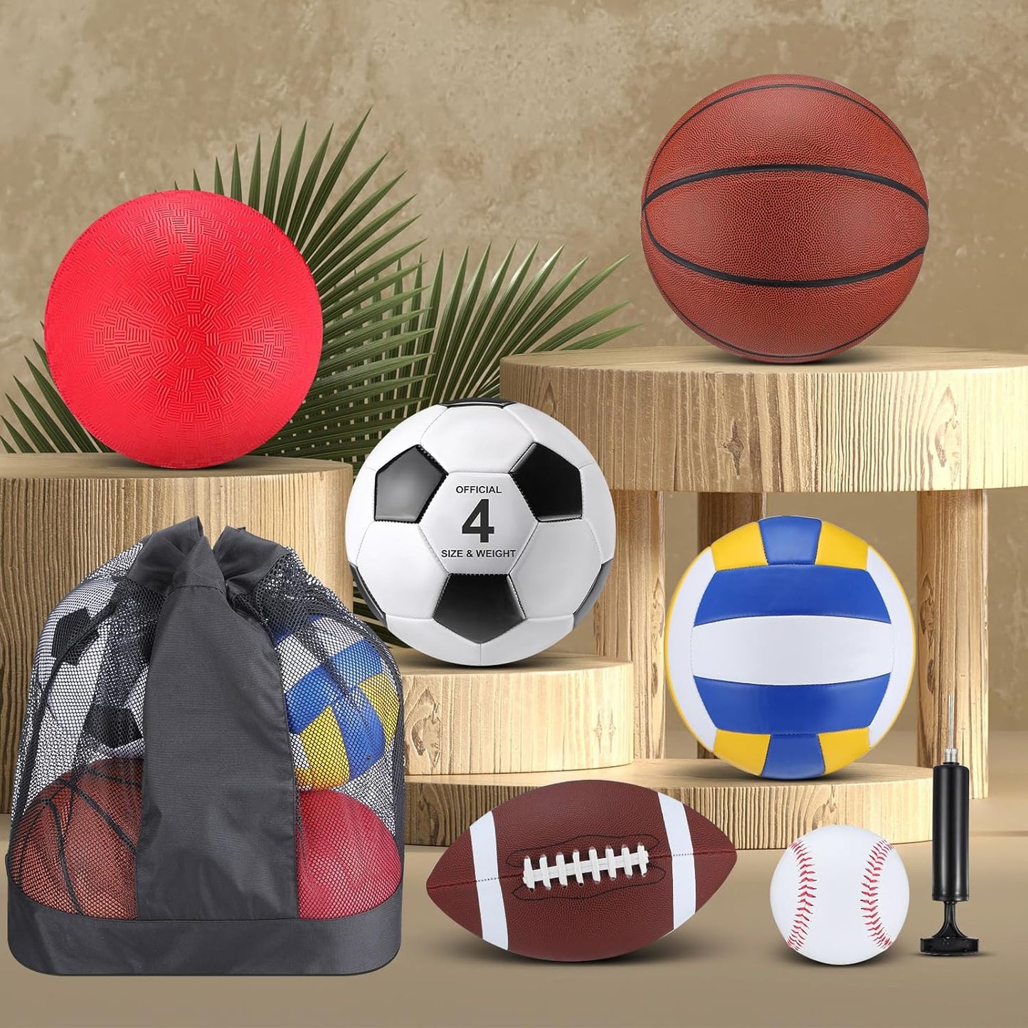 Realspring 6 Pcs Multi Sport Ball Set for Kid Teen Operation Christmas Official Size Football, Basketball, Soccer, Volleyball, Playground Ball, Baseball with Sports Equipment Bag Pump