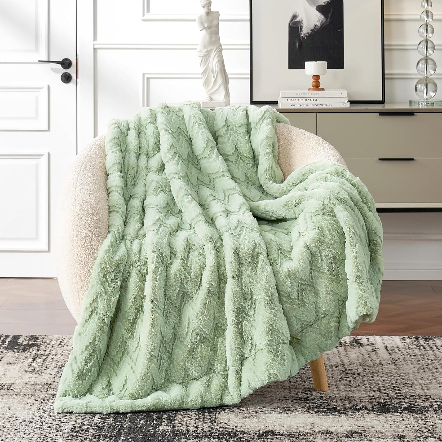 Cozy Bliss Faux Fur Throw Blanket for Couch - Soft Fuzzy Cozy Throw Gift Blankets for Women,Sage Green Boho Blanket for Sofa Bedroom Living Room.50 * 60 Inches