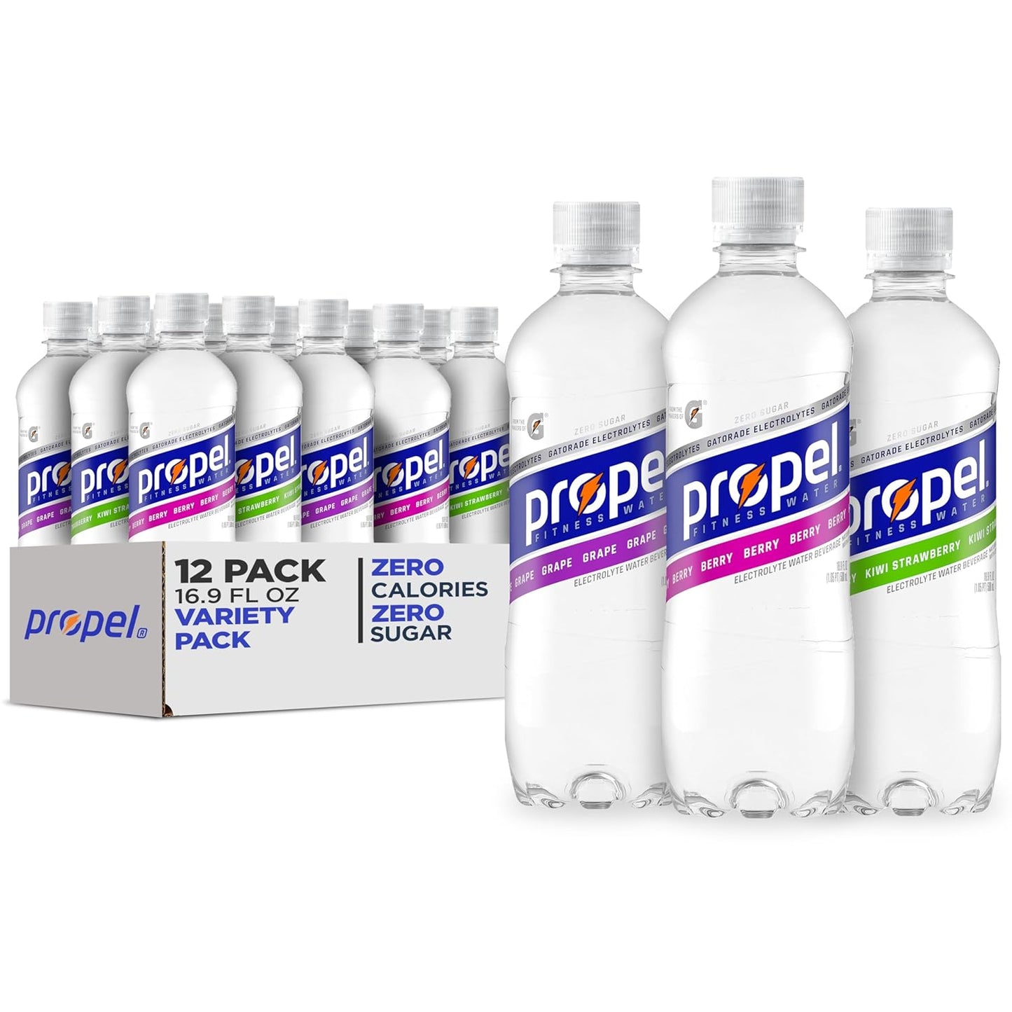 Propel, 3 Flavor Variety Pack, Zero Calorie Sports Drinking Water with Electrolytes and Vitamins C&E, 16.9 Fl Oz (Pack of 12)