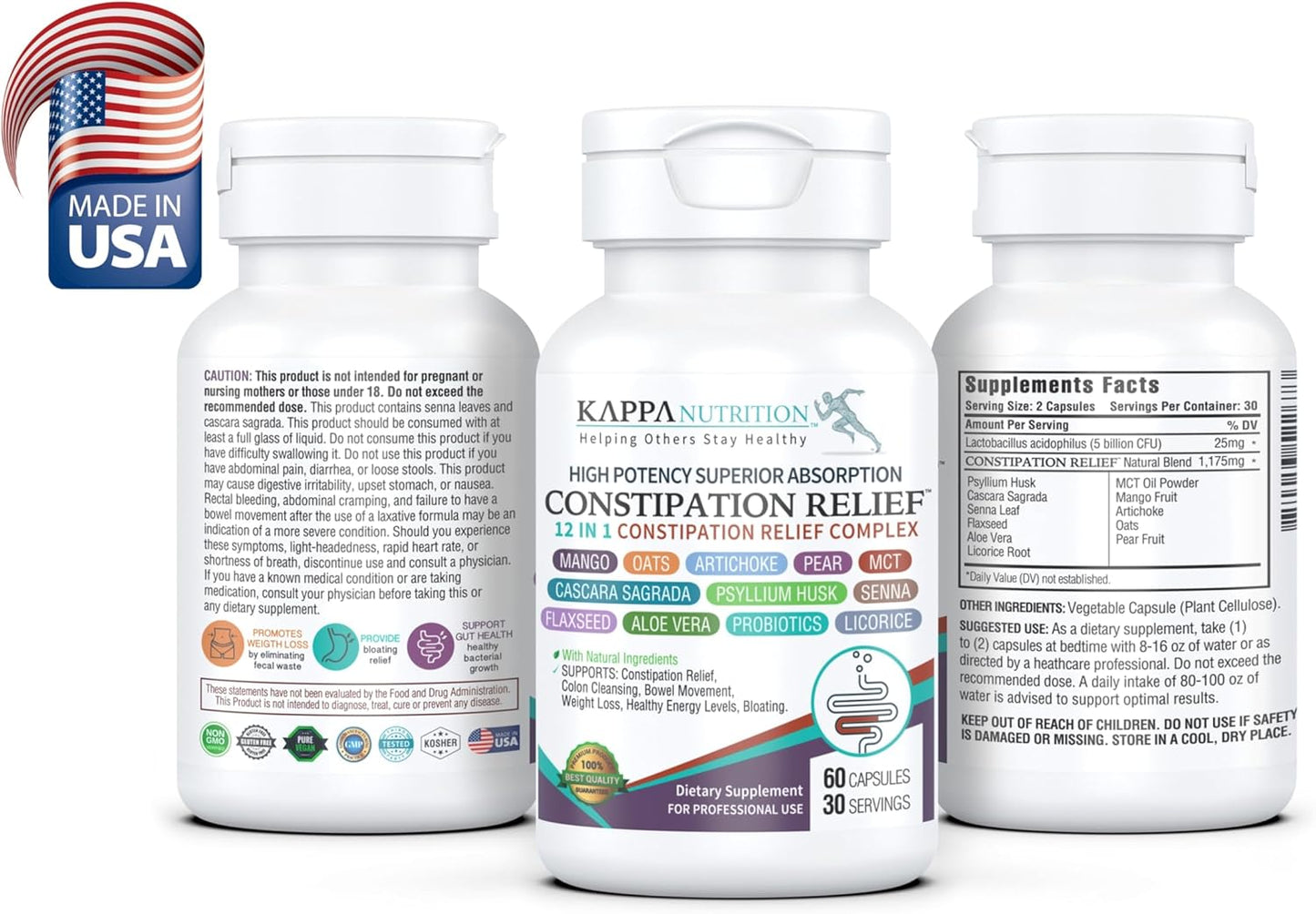 Constipation Relief & Advanced Gut Cleanse Detox for Women and Men – with Cascara Sagrada, Psyllium Husk, Senna Leaf & Probiotics – Non-GMO Colon Cleanse – 60 Capsules – Take 1–2 Daily