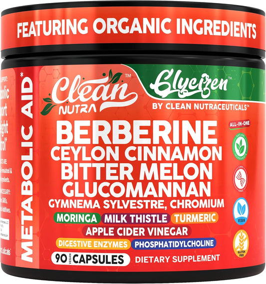 Clean Nutra Berberine Ceylon Cinnamon Bitter Melon Glucomannan Gymnema Sylvestre Chromium Moringa Milk Thistle Turmeric Apple Cider Vinegar Digestive Enzymes Inositol Supplement 90 Capsules