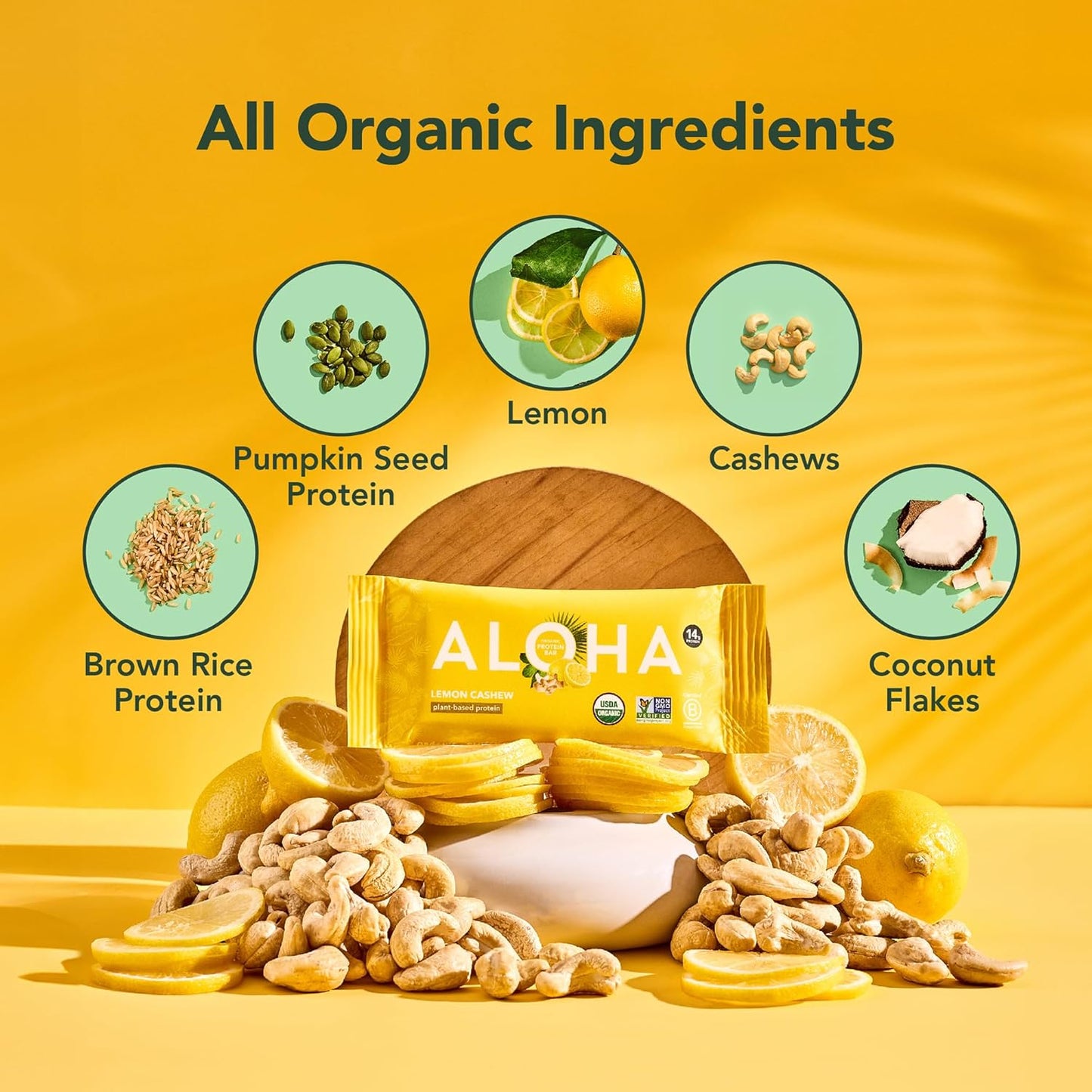 ALOHA Organic Plant Based Protein Bars - Lemon Cashew - 12-Count - Vegan, Low Sugar, Gluten-Free, Paleo, Low Carb, Non-GMO, No Stevia & No Erythritol