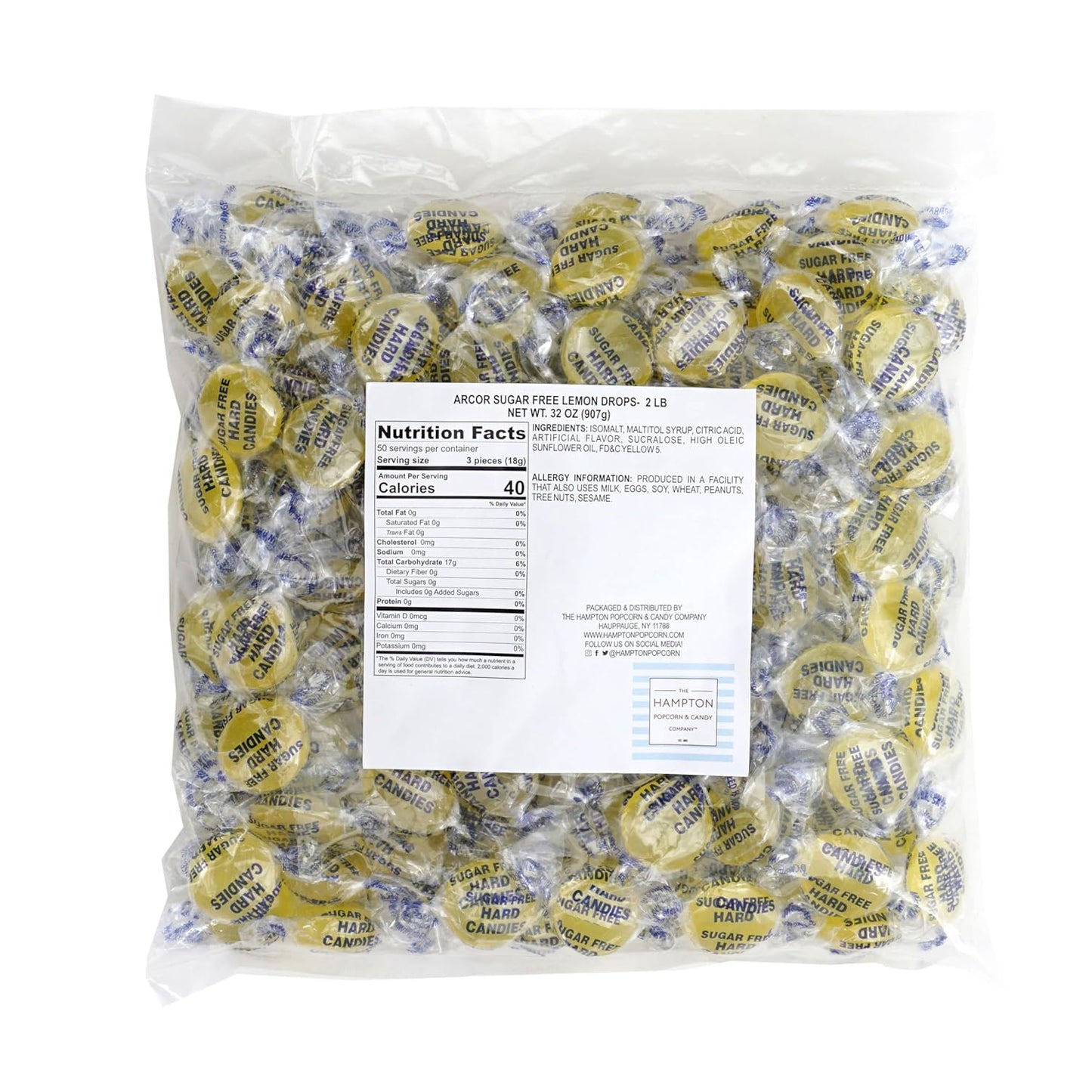 Arcor Sugar Free Lemon Drops, 2 Pound Bulk Bag (Approx. 140 Pieces), Individually Wrapped Hard Candy, The Hampton Popcorn & Candy Company