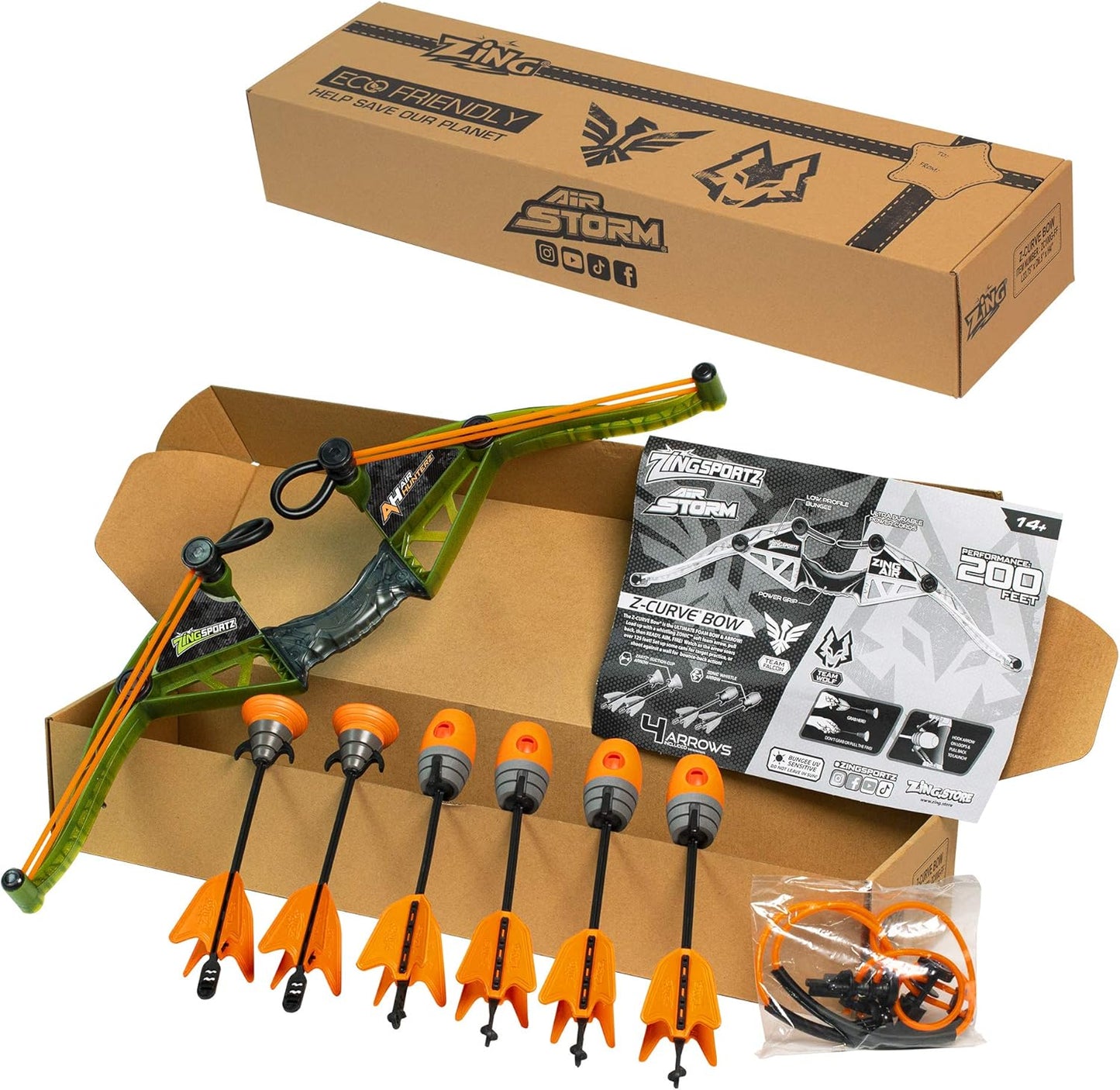 Zing Air Hunterz Z-Curve Bow Pack, 1 Green Bow, 4 Orange Zonic Whistle Arrows, 2 Orange Suction Cup Arrows and 1 Bungee, Shoots Arrows Up to 200 Feet