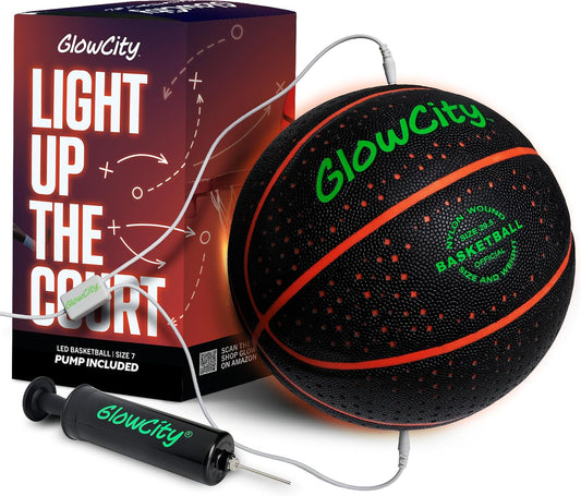 GlowCity Glow in The Dark Basketball for Teen Boy - Glowing Red Basket Ball, Light Up LED Toy for Night Ball Games - Sports Stuff & Gadgets for Kids Age 8 Years Old and Up. Great Gift for Boys & Girls