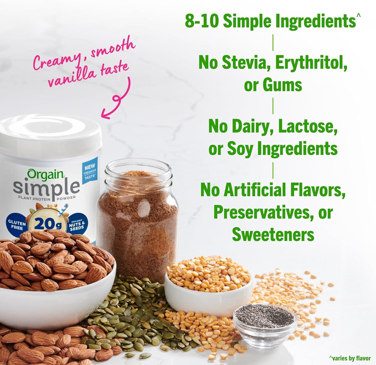 Orgain Organic Simple Vegan Protein Powder, Vanilla - 20g Plant Based Protein, Made with less Ingredients, No Artificial Sweeteners, Gluten Free, No Dairy or Lactose, 1.25 lb (Packaging May Vary)