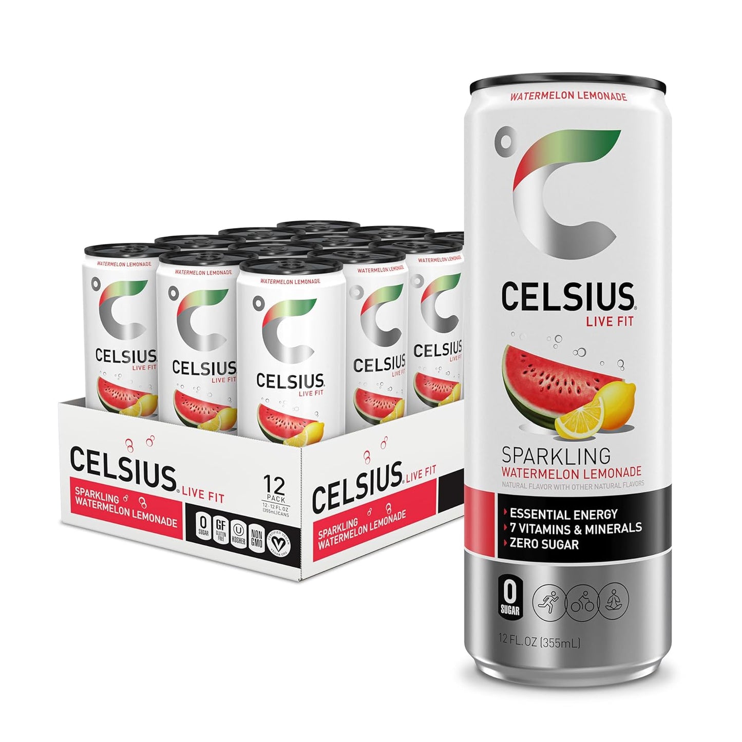 CELSIUS Sparkling Watermelon Lemonade, Sugar Free Energy Drink, 12 Fl Oz (Pack of 12)