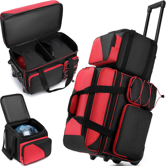 3 Ball Bowling Bag with Wheels, Bowling Bag 3 Ball Roller with Separate Shoe Compartment and Accessory Pocket, 2 Ball Roller Bag Plus Single Ball Tote