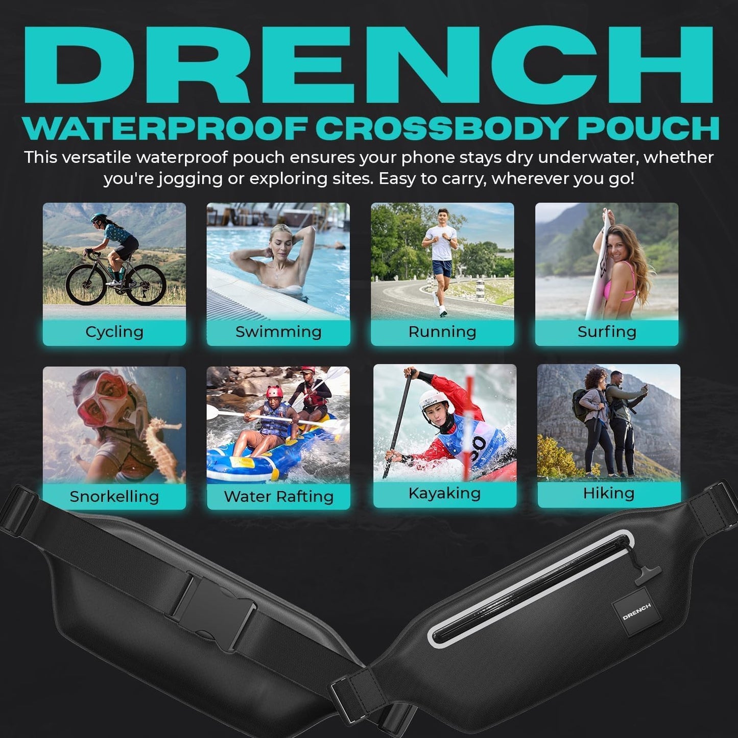 DRENCH 2-Pack Waterproof Fanny Pack | Submersible Dry Bag Waist Pack | Phone Pouch for Swimming, Boating, SUP, Snorkeling | Underwater Floating Belt Bag | IPX8 Waterproof Case