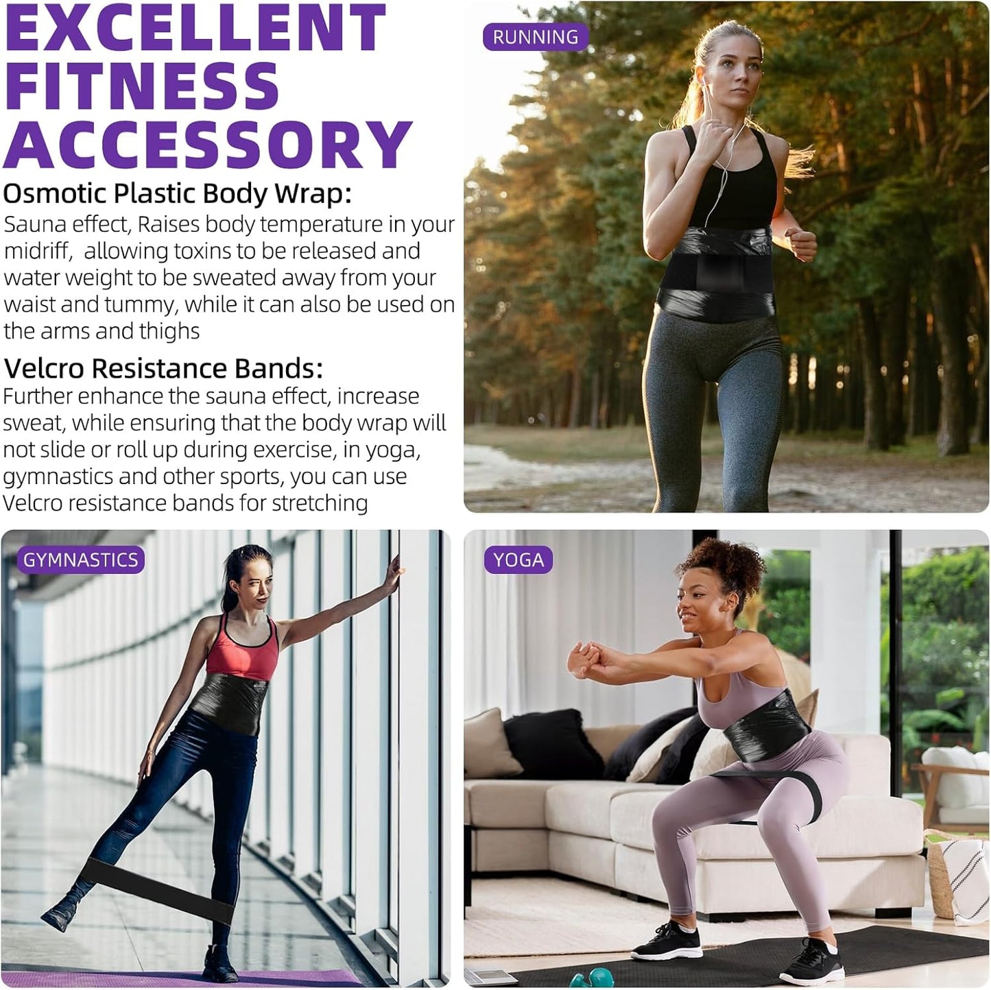 4 Rolls 60 Meters Black Osmotic Plastic Body Wrap Exercise & Fitness Sweat Enhancer Anti-Shedding Yoga Training Band Set, DIY Sauna Wrap Pilates Workout