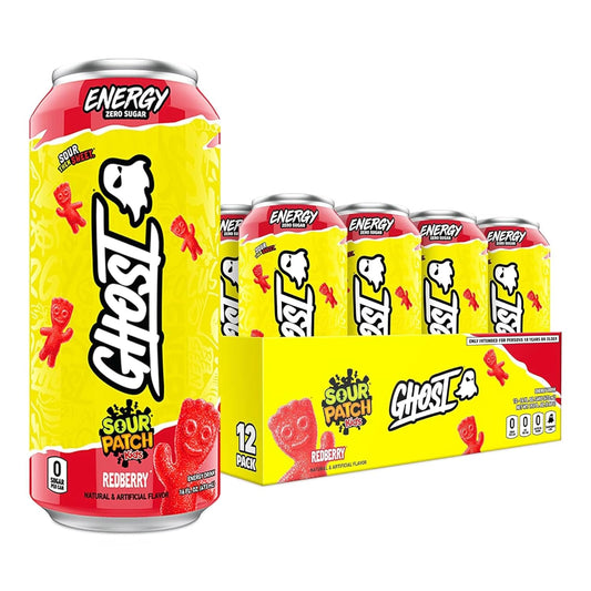 GHOST Energy Drink - 12-Pack, Sour Patch Kids Redberry, 16oz - Energy & Focus & No Artificial Colors - 200mg of Natural Caffeine, L-Carnitine & Taurine - Gluten-Free & Vegan