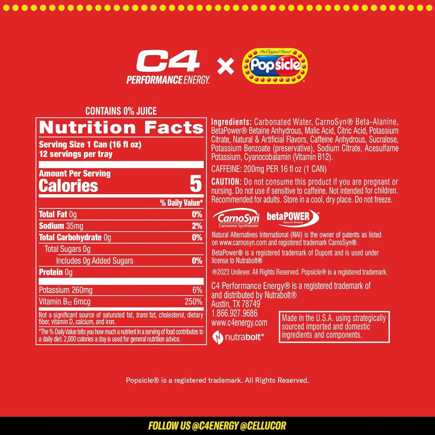 C4 Energy Drink x Popsicle Variety Pack, Carbonated Sugar Free Pre Workout Performance Drink with no Artificial Colors or Dyes, 3 Flavors - Grape, Hawaiian Pineapple, and Cherry, 16 Oz, Pack of 12