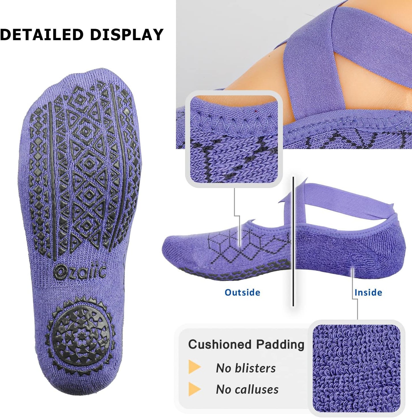 Ozaiic Yoga Socks for Women Non-Slip Grips & Straps, Ideal for Pilates, Pure Barre, Ballet, Dance, Barefoot Workout