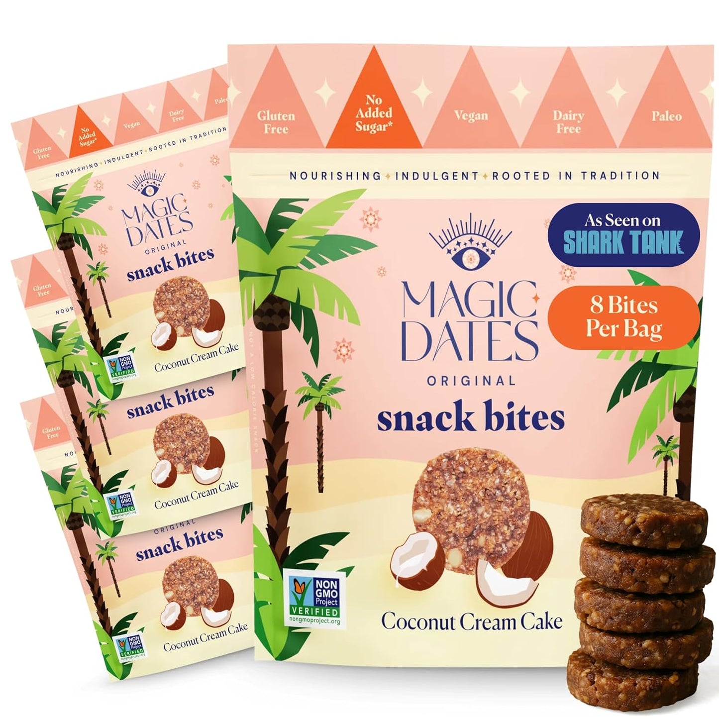 MAGICDATES Date Snack Bites | Coconut Cream Cake – 4 Bags (16 Servings) | Medjool Dates | No Added Sugar | Gluten-Free | Vegan | Paleo | Plant-Based | Healthy Coconut Snack | Clean Ingredients