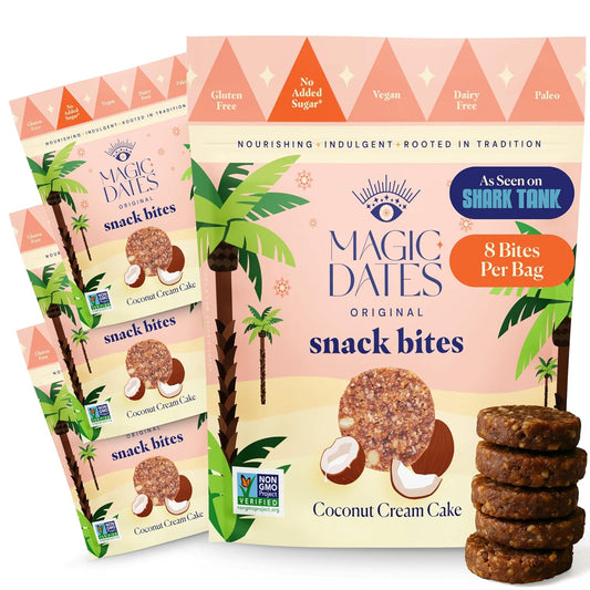 MAGICDATES Date Snack Bites | Coconut Cream Cake – 4 Bags (16 Servings) | Medjool Dates | No Added Sugar | Gluten-Free | Vegan | Paleo | Plant-Based | Healthy Coconut Snack | Clean Ingredients