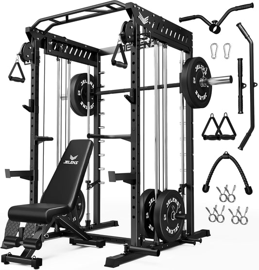 M21 Smith Machine, Multi-Function Power Cage with Dual Pulley Cable Crossover System, 2000LBS All-in-One Squat Rack with Smith Bar and Attachments