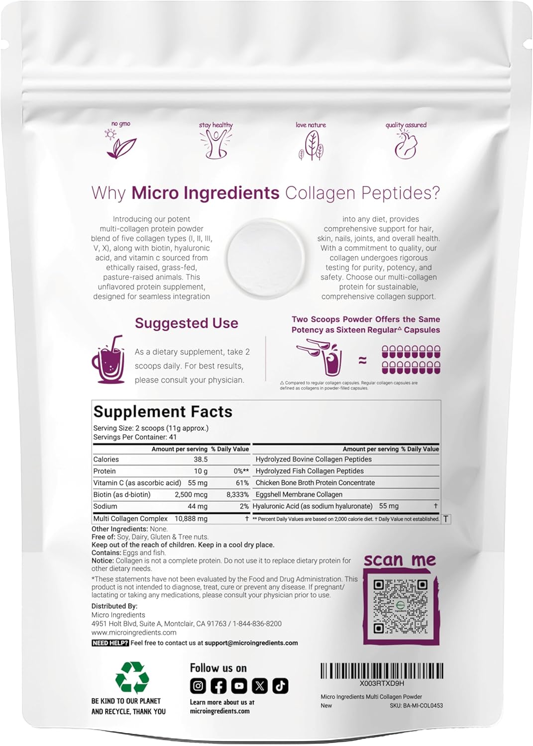 Micro Ingredients Multi Collagen Peptides Powder, 16oz | Type I, II, III, V, X + Biotin, Vitamin C & Hyaluronic Acid | Unflavored | Supports Hair, Skin & Joint Health | Keto, Non-GMO