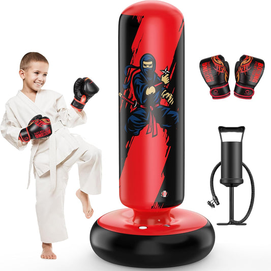 QPAU Punching Bag for Kids, 66 Inch Stable Inflatable Boxing Bag with Boxing Gloves, Stand Kids Punching Bag Toy for Boys & Girls Age 6-12, Boxing Set for Practicing Karate, Taekwondo, MMA