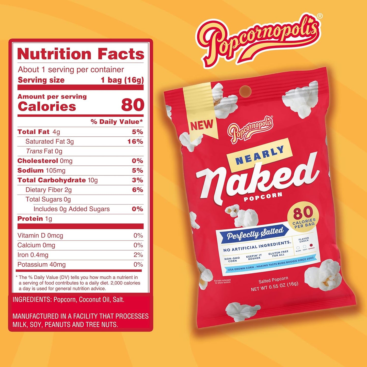 Popcornopolis Perfectly Salted Nearly Naked 24 ct, 0.55 oz Case, Salt Flavored Better-For-You Popcorn