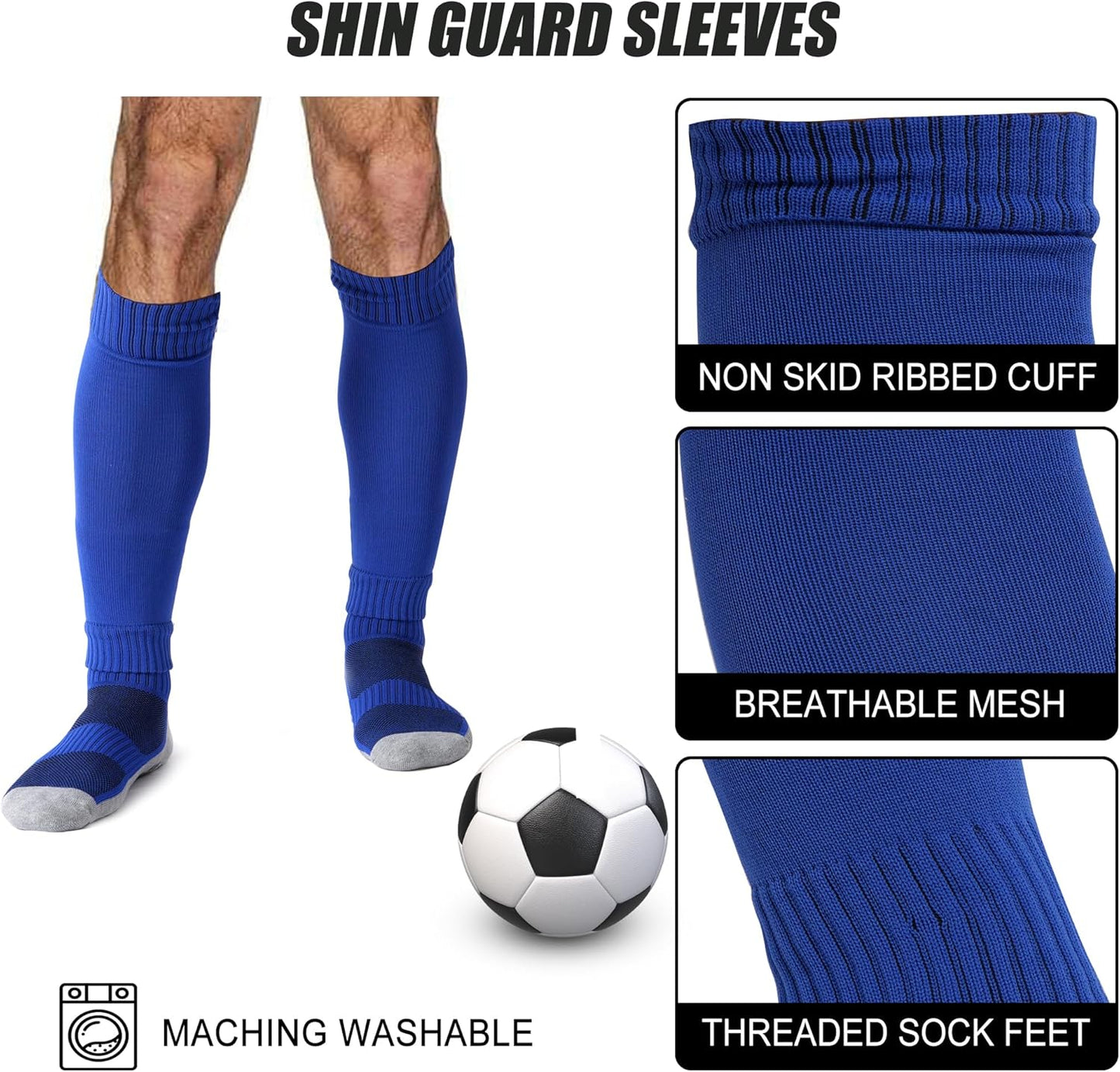 2 Set Grip Soccer Socks with Shin Guard Sleeves Non Slip Soccer Leg Sleeve Socks for Men Women