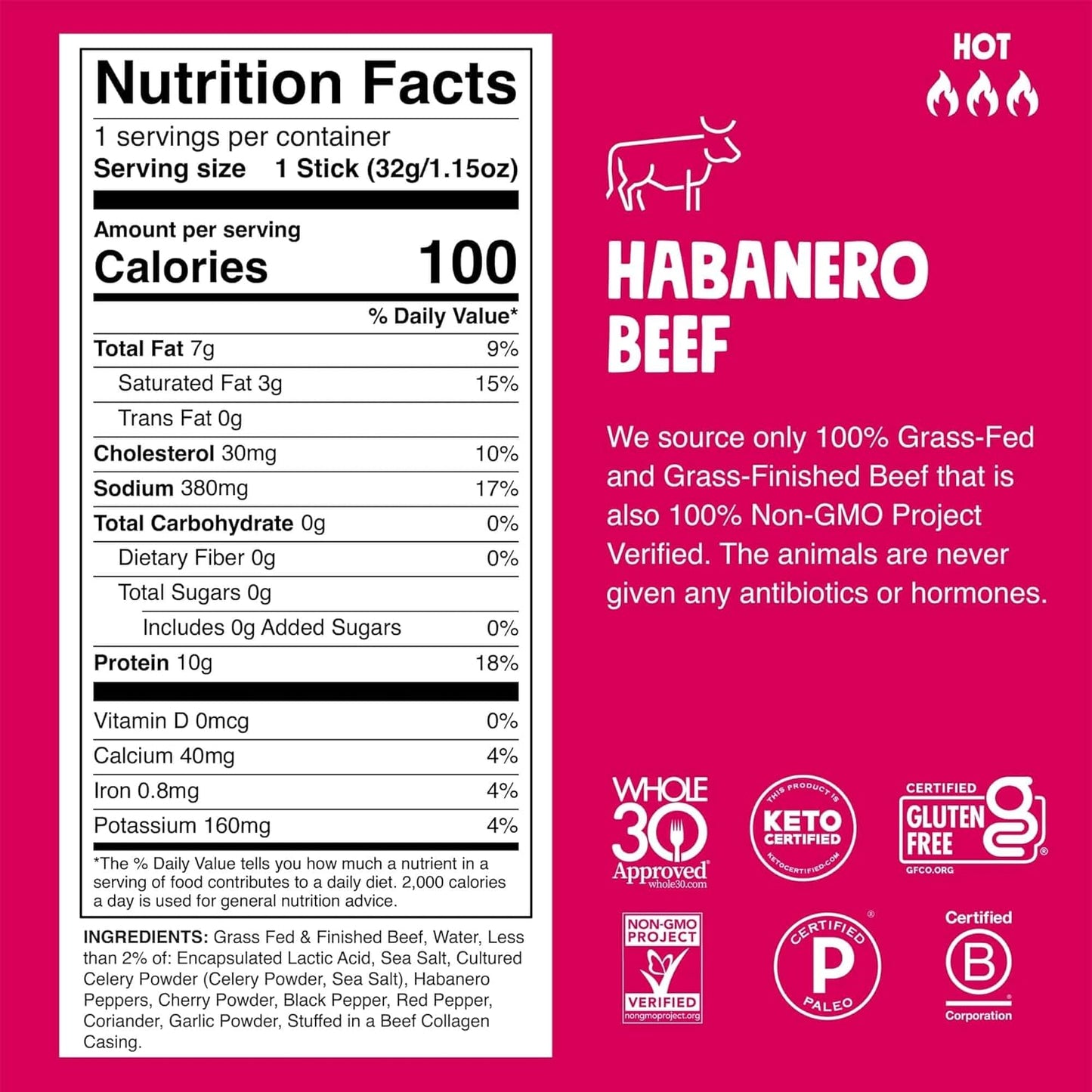 Chomps Grass-Fed and Finished Spicy Habanero Beef Jerky Snack Sticks 24-Pack - Keto, Paleo, Whole30, 10g Lean Meat Protein, Gluten-Free, Zero Sugar Food, Non-GMO