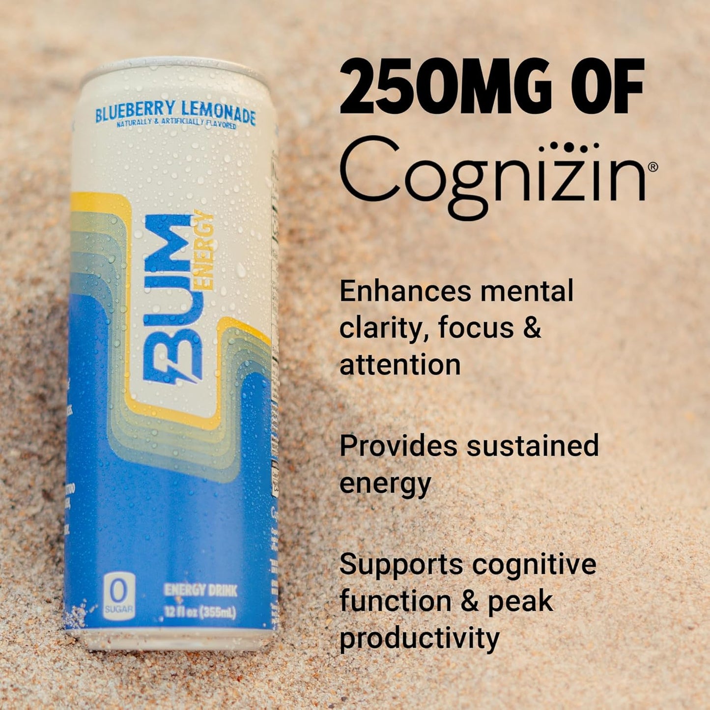 BUM Sugar-Free Energy Drink, Blueberry Lemonade - Lightly Carbonated & No Artificial Colors, Natural Caffeine & Citicoline for Energy & Focus, Brain Boost & Workout Sports Beverage - 12 oz, Pack of 12