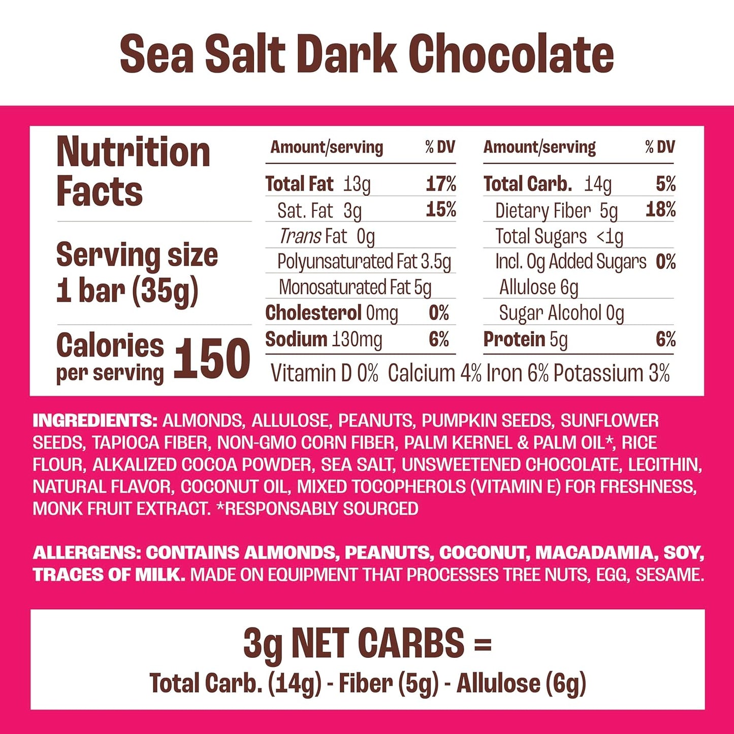 Munk Pack Nut & Seed Snack Bars - 5g Protein, 1g Sugar, 3g Net Carbs, Low Sugar, Keto, and Gluten Free Snack for Adults and Kids, Sea Salt Dark Chocolate – 4.92 oz, 24 Pack