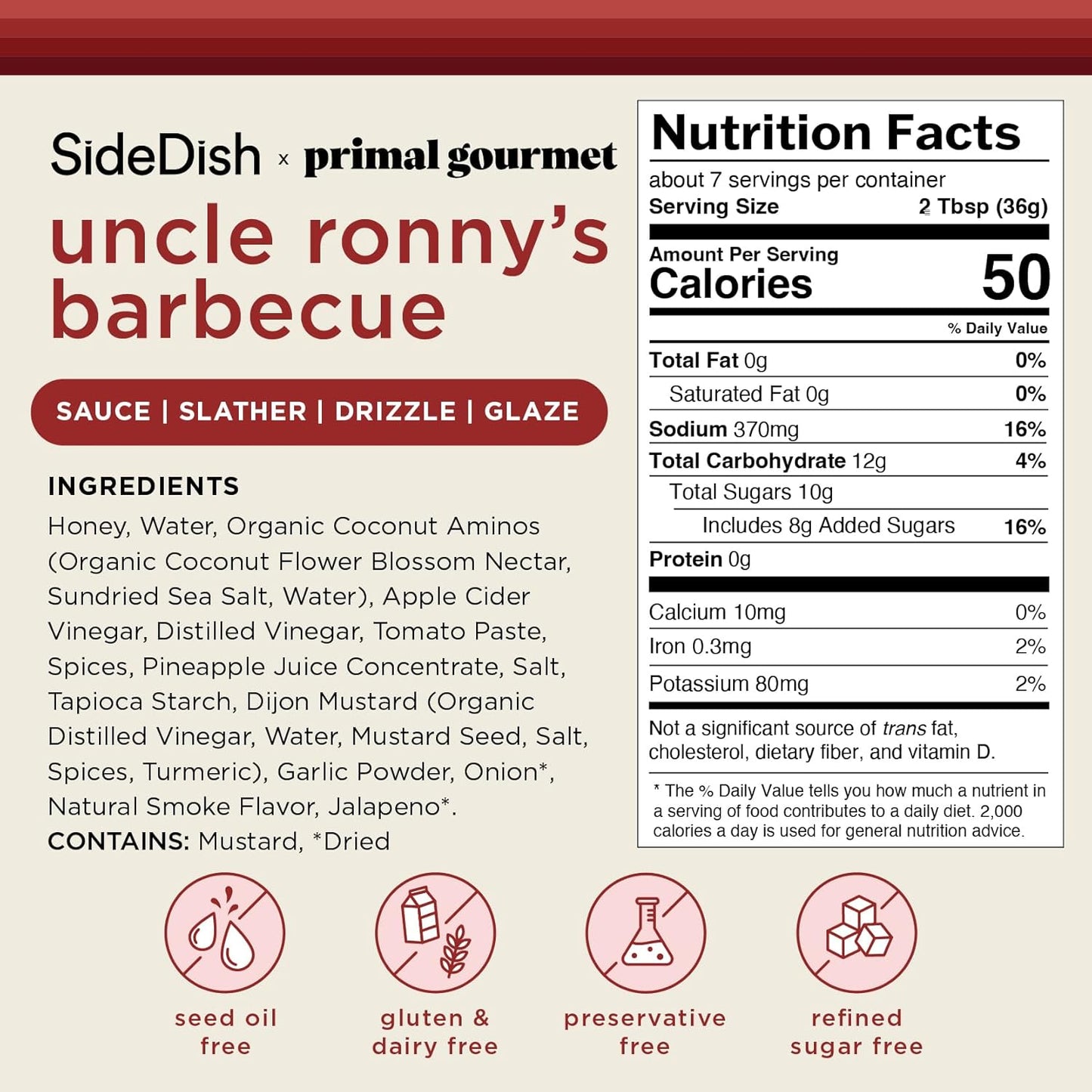 SideDish & Primal Gourmet Uncle Ronny's BBQ Sauce - Pack of 3 – Refined Sugar Free, Seed Oil Free BBQ Sauce with All-Natural Ingredients – Gluten & Dairy Free Paleo-Friendly Barbecue Condiment