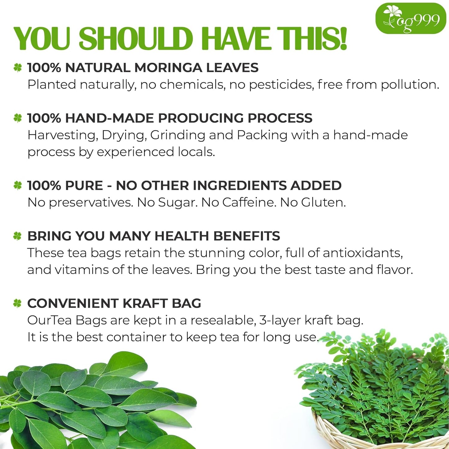 TOG999, Premium 200 Moringa Leaf Tea Bags, 100% Natural & Pure from Moringa Leaves. Loose Leaf Moringa Herbal Tea. Moringa Leaf Tea. No Sugar, No Caffeine, No Gluten, Vegan.