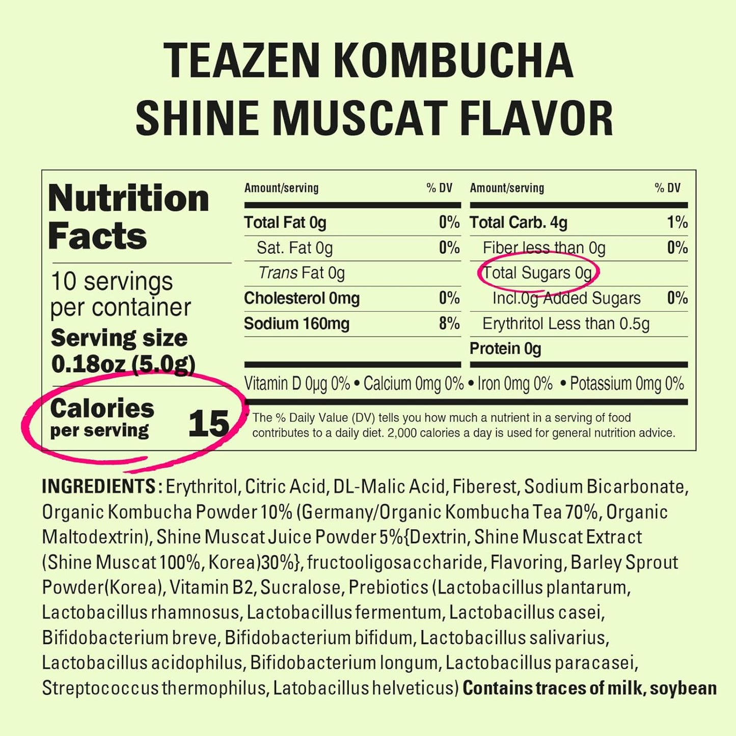 TEAZEN Shine Muscat Kombucha Tea, Electrolyte Powder & Hydration Drink Mix, Sugar Free, Live Probiotics & Prebiotics, 10 Sticks, 1.76oz