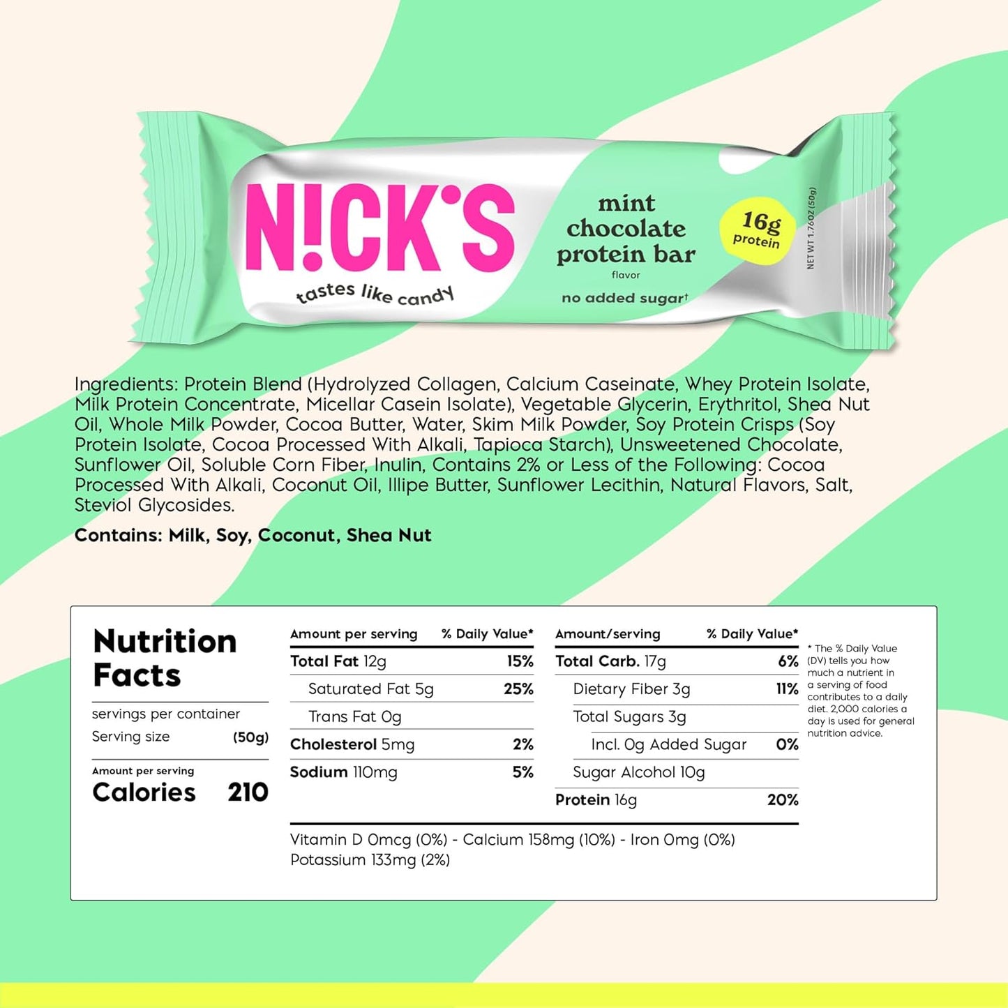 Nick’s Mint Chocolate Protein Bars – 12-Count Box | High Protein, Low Calories, Low Carbs, Keto Friendly, No Added Sugar