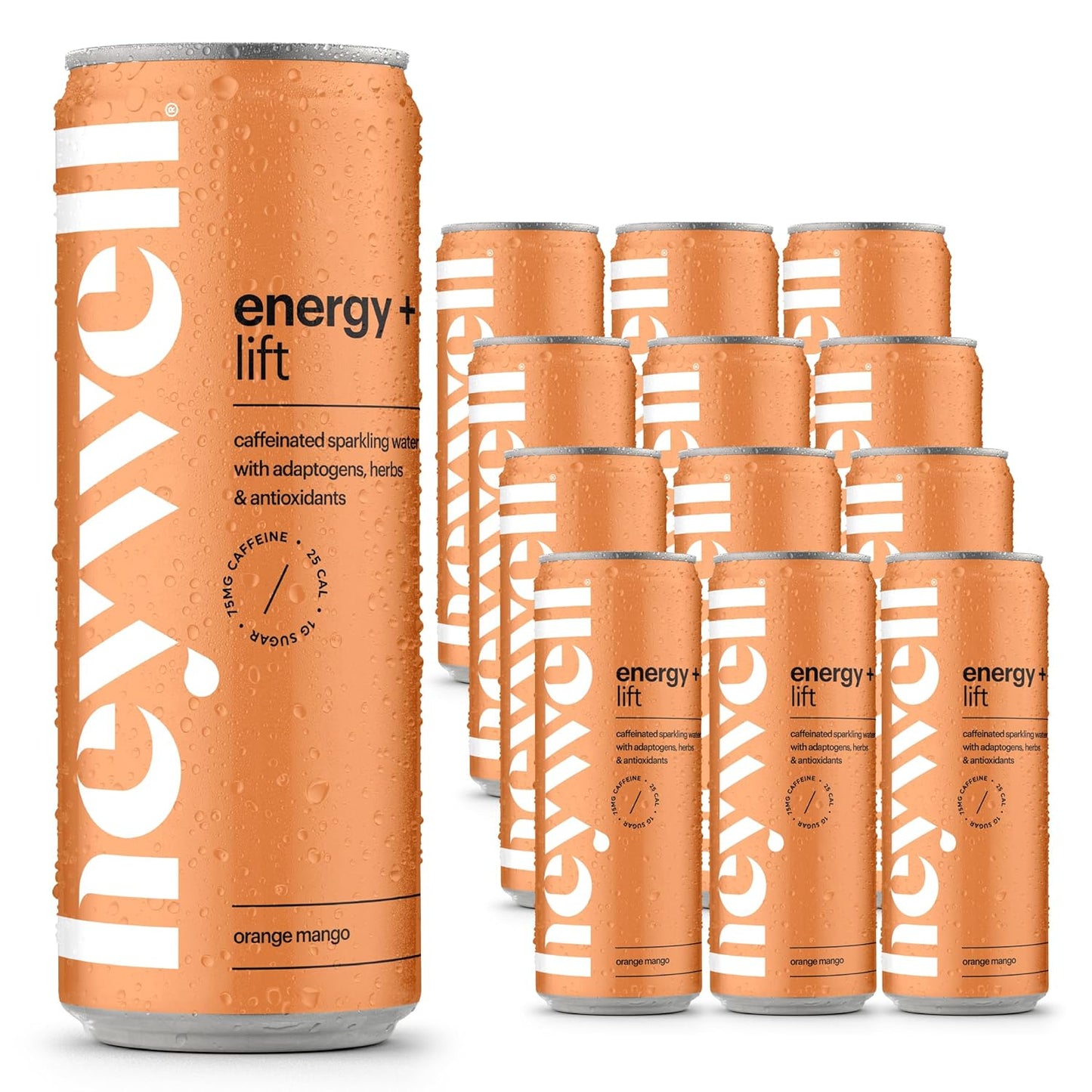 Heywell Sparkling Adaptogenic Water, Energy and Uplift, Orange Mango Flavor 12 Fluid Ounce (Pack of 12) - Non Caffeinated, Organic, Non GMO, Vegan, Gluten Free, Dairy Free