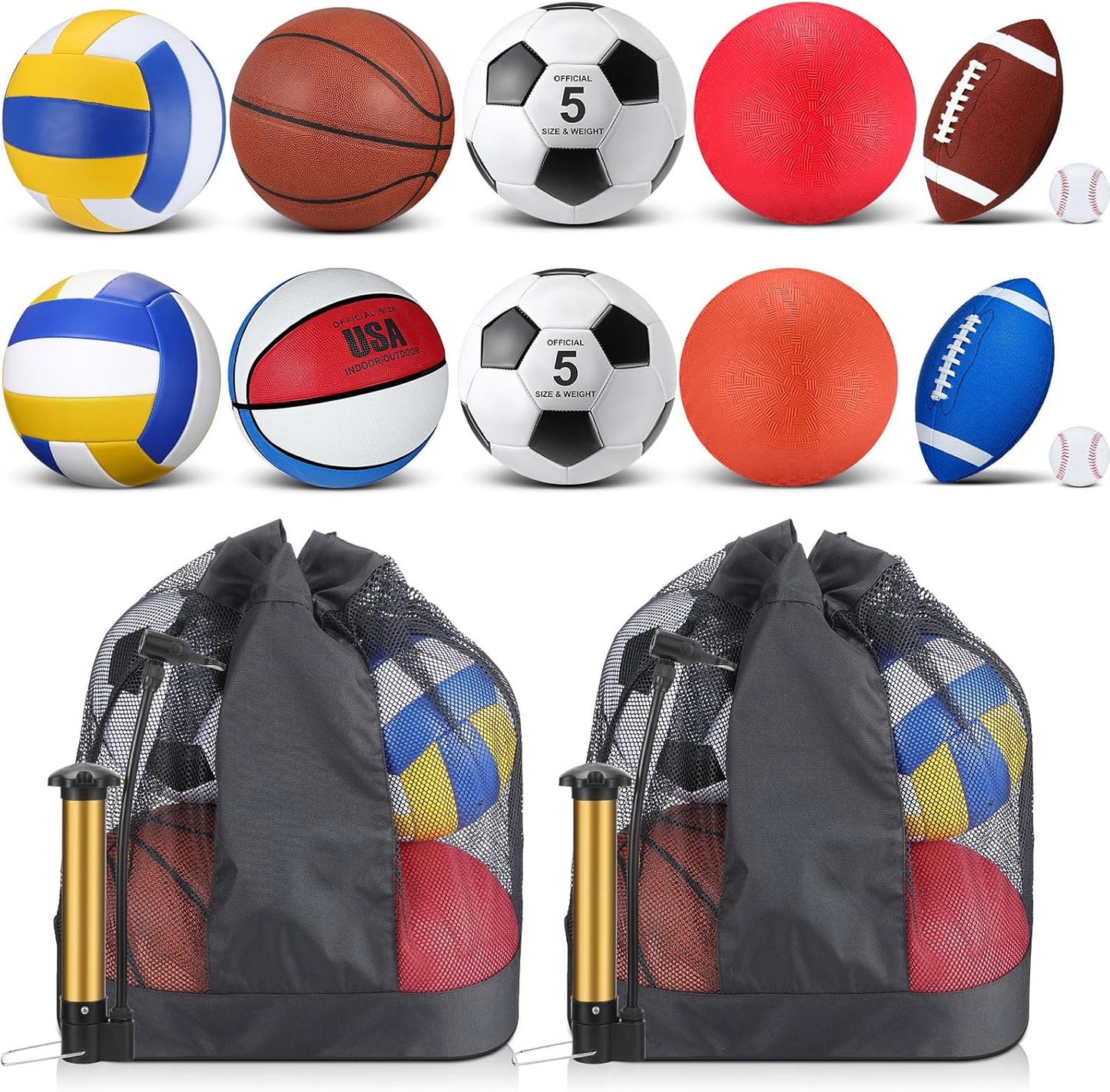 Deekin 12 Pcs Assorted Sport Ball Set Official Size Basketball, Football, Volleyball, Soccer, Baseball, Playground Ball with Bag and Pump Gift for Kid Youth Adult Back to School