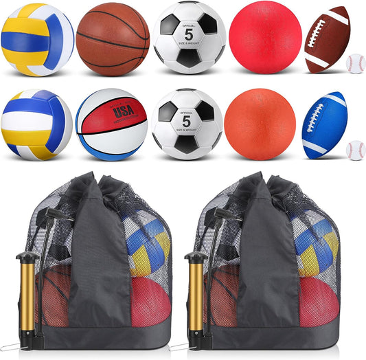 Deekin 12 Pcs Assorted Sport Ball Set Official Size Basketball, Football, Volleyball, Soccer, Baseball, Playground Ball with Bag and Pump Gift for Kid Youth Adult Back to School