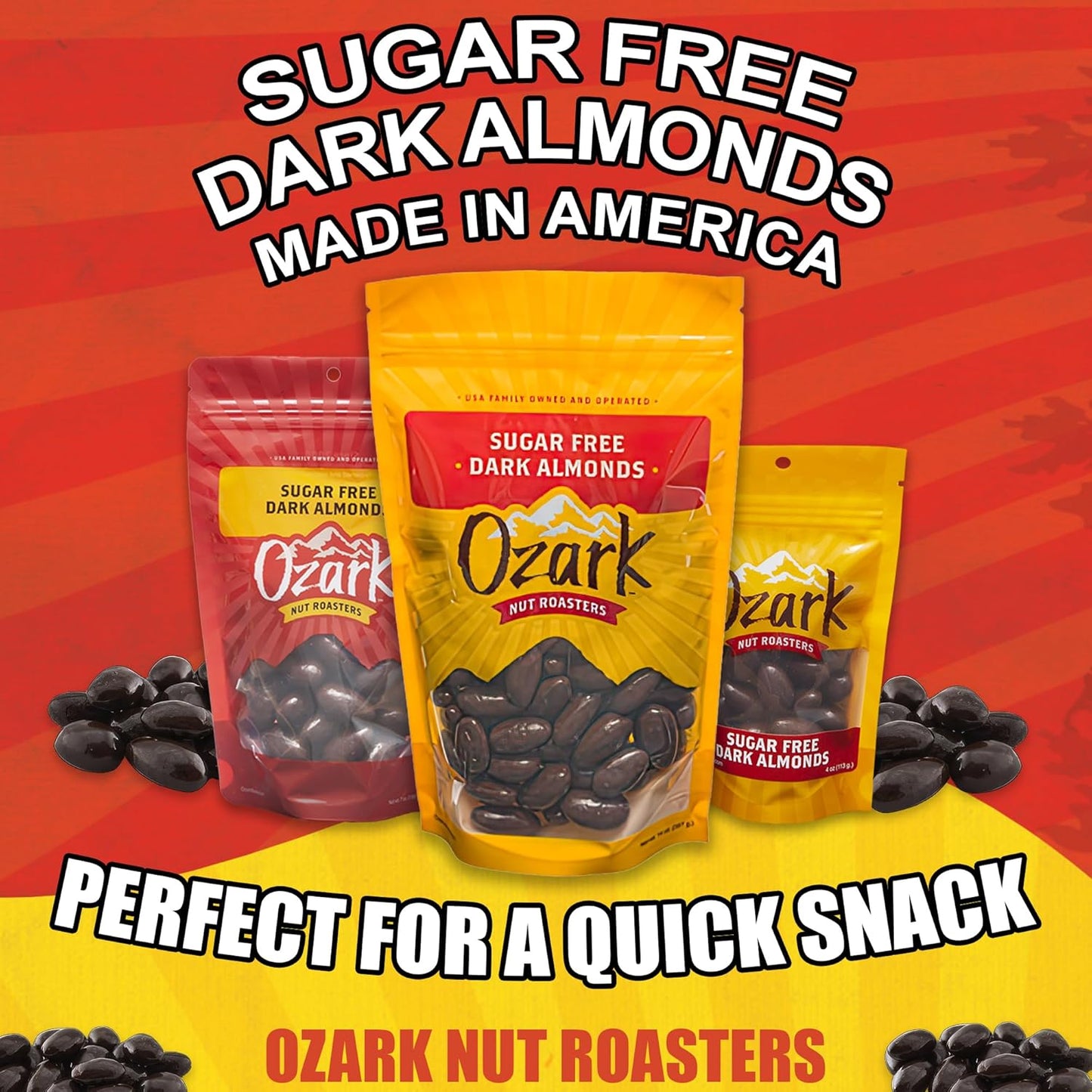 OZARK NUT ROASTERS, Sugar-Free Dark Almonds, Dark Chocolate Flavored Snacks, No Sugar Added, World-Class Gourmet Candied Nuts, Resealable Pack of 2 (14.0 oz)