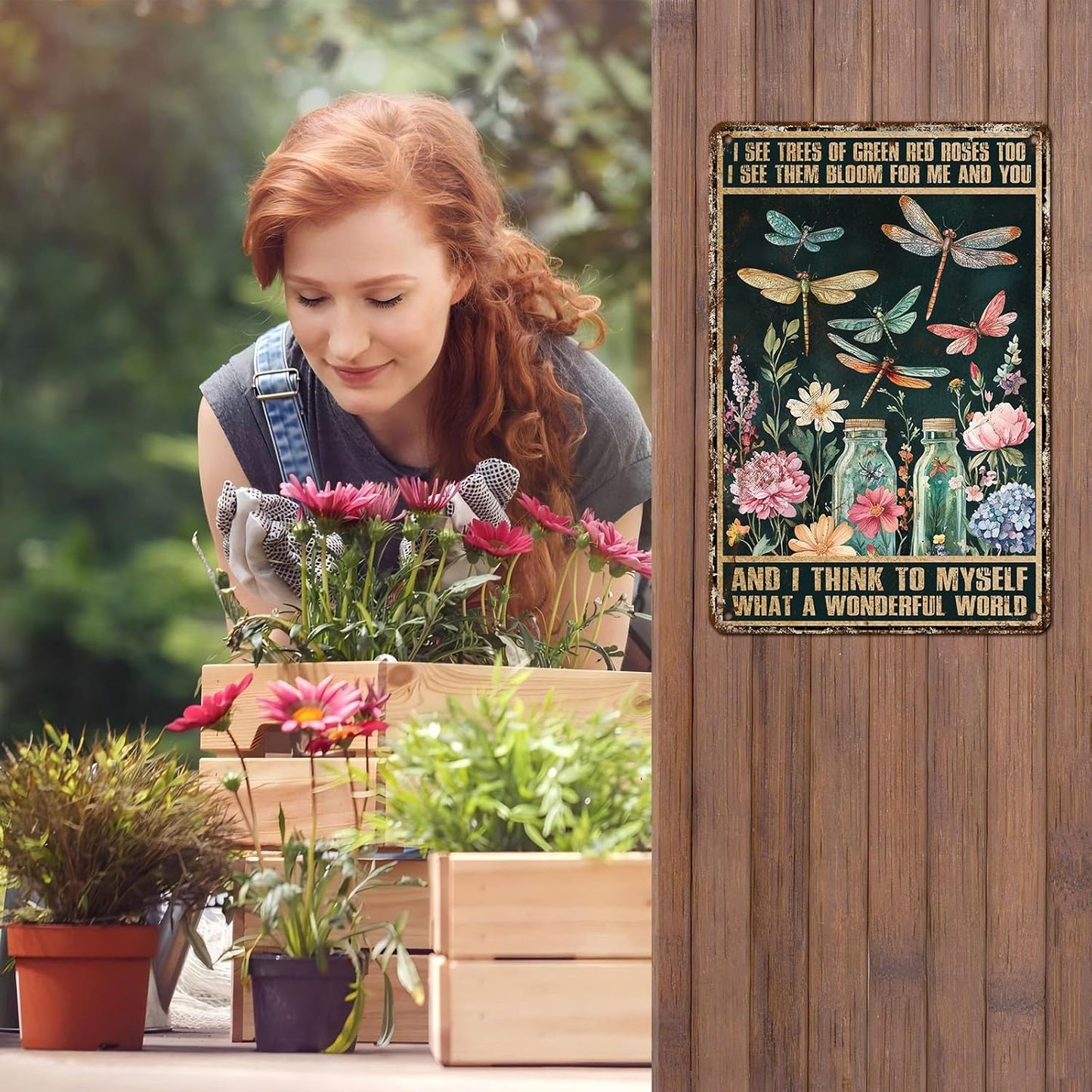 Dragonfly Decor And I Think To Myself What A Wonderful World Vintage Metal Tin Sign Decorative Plaque Poster 12 * 8inch