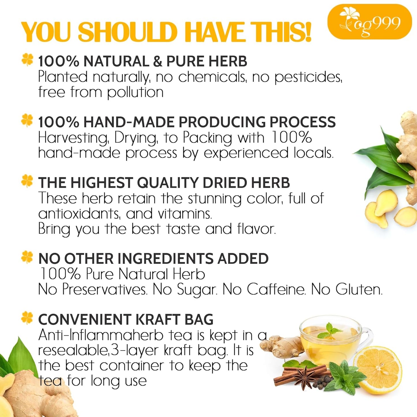 TOG999, 12oz/200 cups Anti-Inflammaheb Loose Leaf Tea | 100% Natural Blend of Ginger, Turmeric, Peppermint, Black Pepper & Cinnamon | Caffeine-Free, Sugar-Free, Gluten-Free, Vegan, Handcrafted