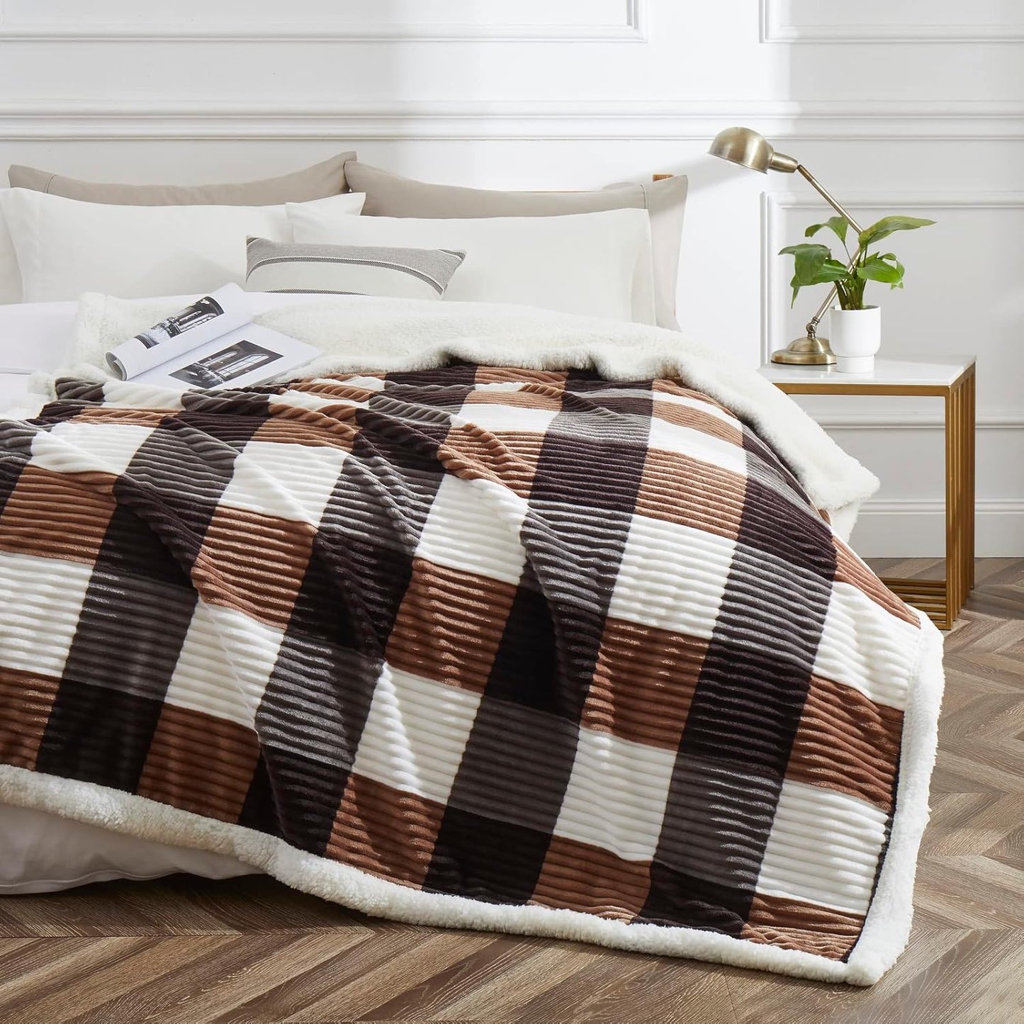 PU MEI Sherpa Blanket Full/Queen Plaid Thick Bed Blanket, 90”*80” Super Soft Flannel Fuzzy Fleece Reversible Velvet Plush Warm Blanket for Couch (Brown-Check, 80"*90")