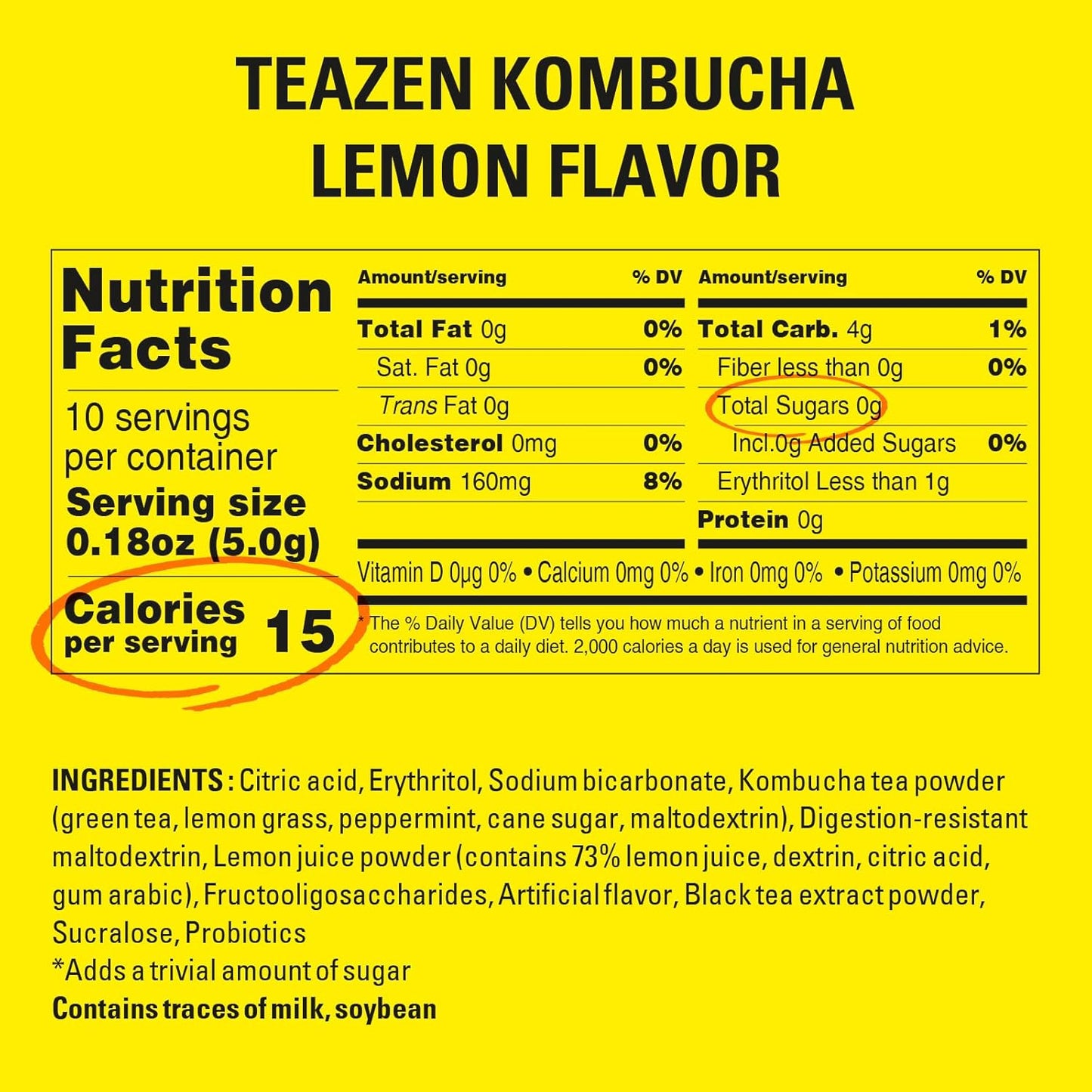 TEAZEN Lemon Kombucha Tea, Hydration Drink Mix, Sugar Free, Live Probiotics & Prebiotics, 10 Sticks, 1.76oz