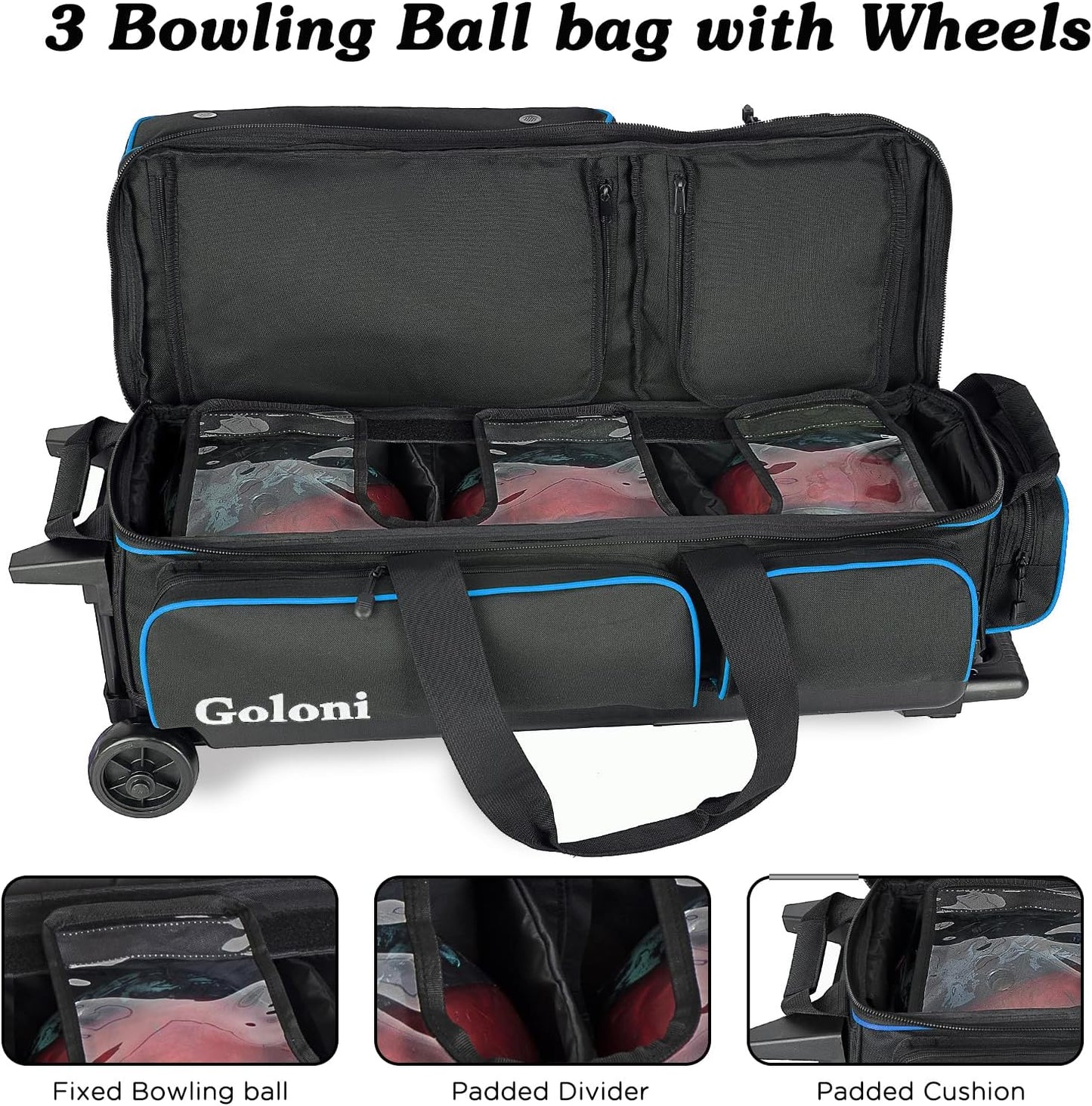Goloni 3 Ball Bowling Bags with Wheels - Rolling Bowling Bag for 3 Balls & Accessories - Retractable Handle Extends to 38